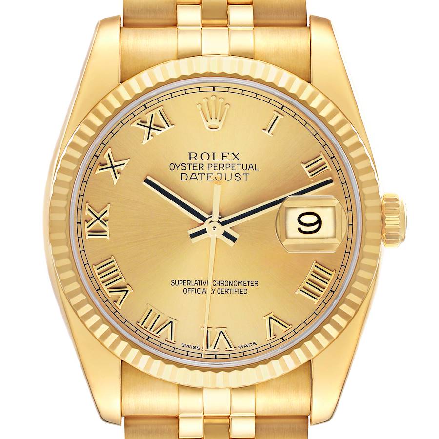 The Rolex Datejust 116238 Women's Yellow Gold Champagne Dial watch is shown from the front, highlighting the dial, bezel, bracelet, and crown.