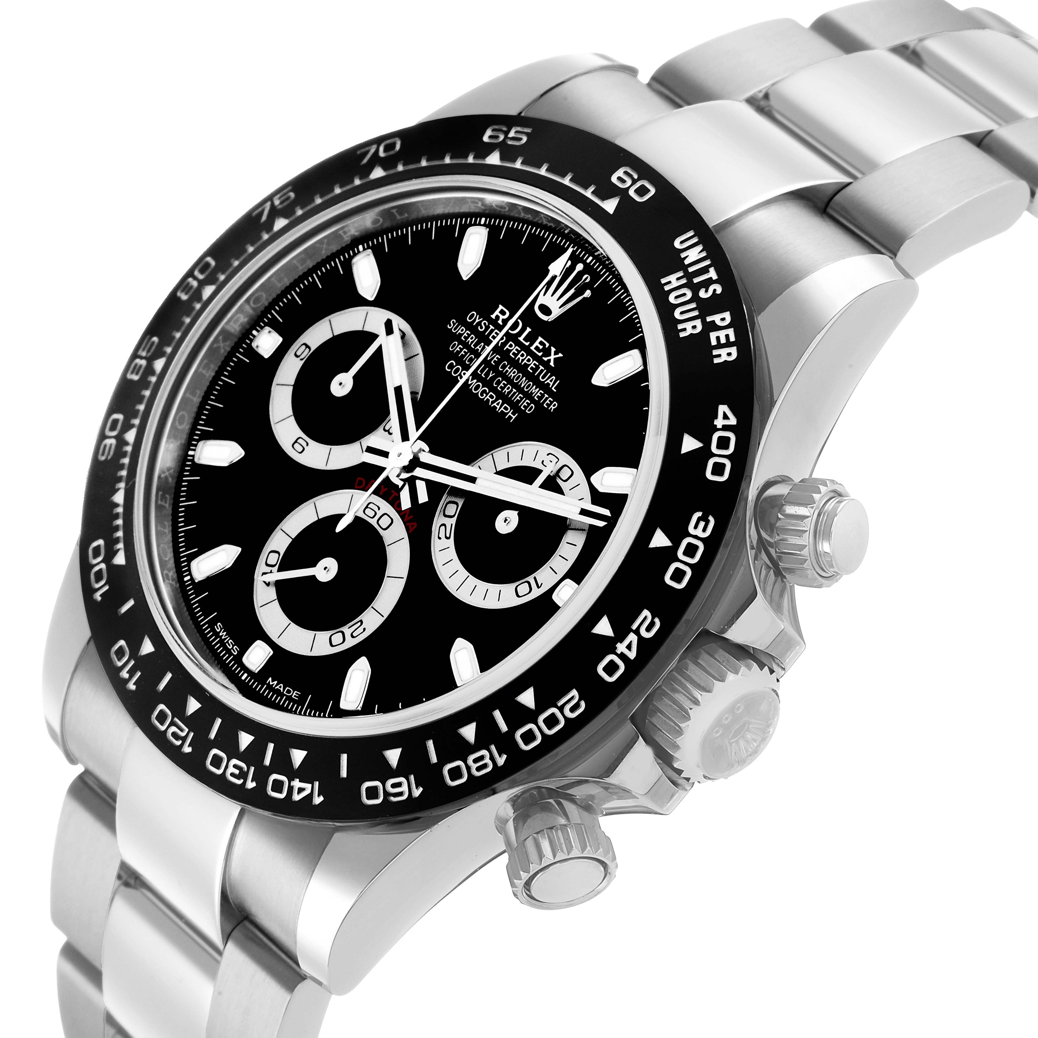 The Rolex Daytona 116500LN Men's Stainless Steel Black Dial watch is shown at an angle highlighting the face, bezel, crown, and part of the bracelet.