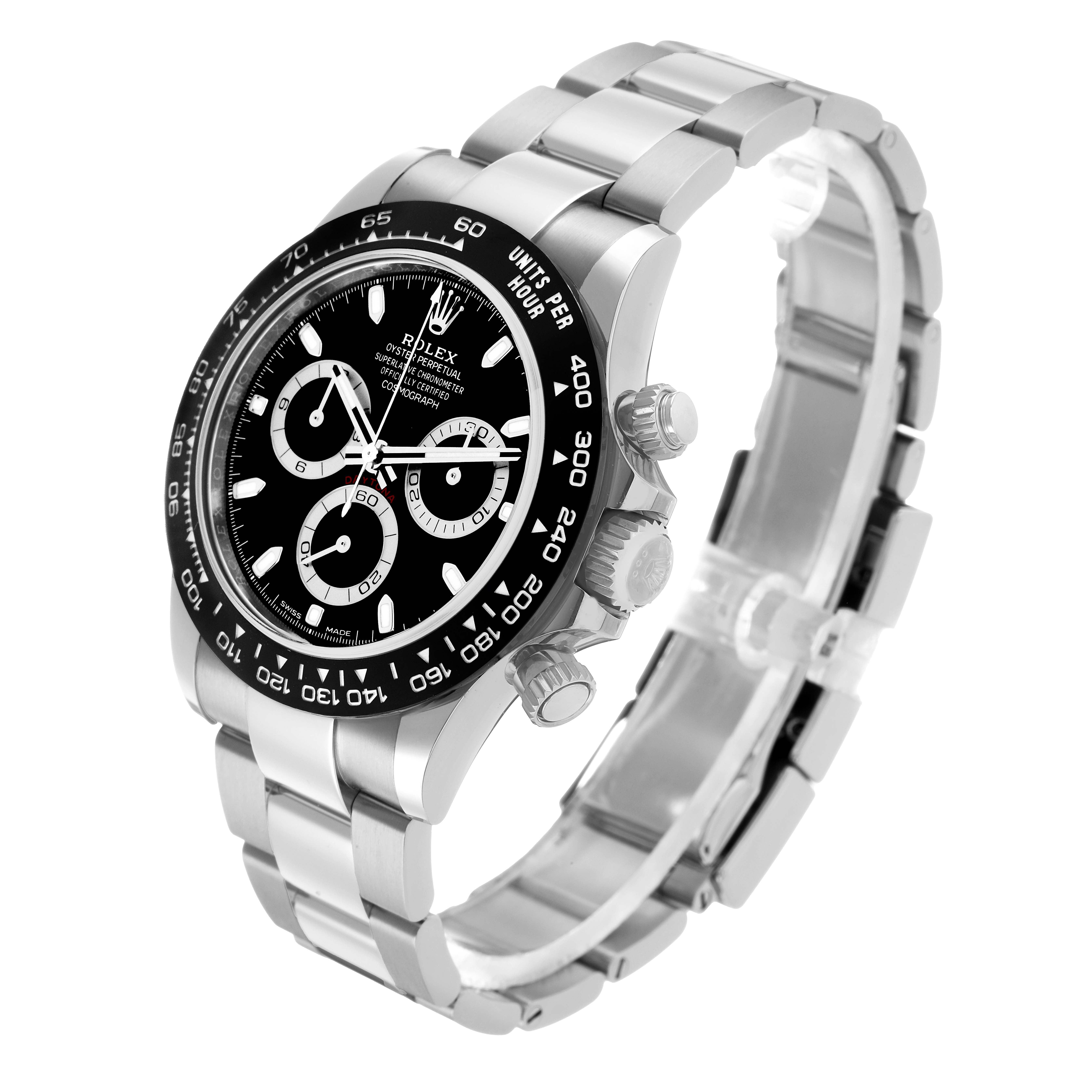 The Rolex Daytona 116500LN Men's Stainless Steel Black Dial watch is shown at a three-quarter angle, highlighting the face, bezel, crown, and bracelet links.