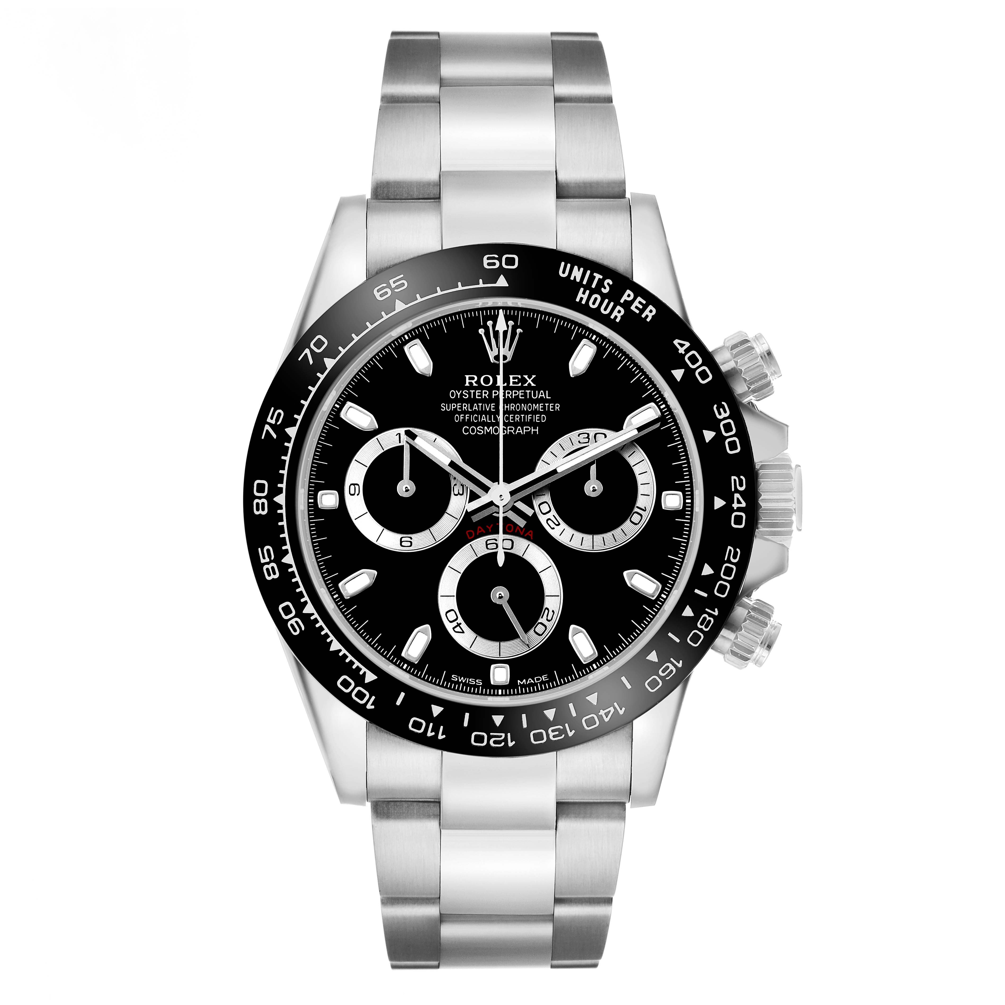 The image shows a frontal view of a Rolex Daytona 116500LN Men's Stainless Steel Black Dial watch, highlighting its bezel, dial, subdials, and metal bracelet.