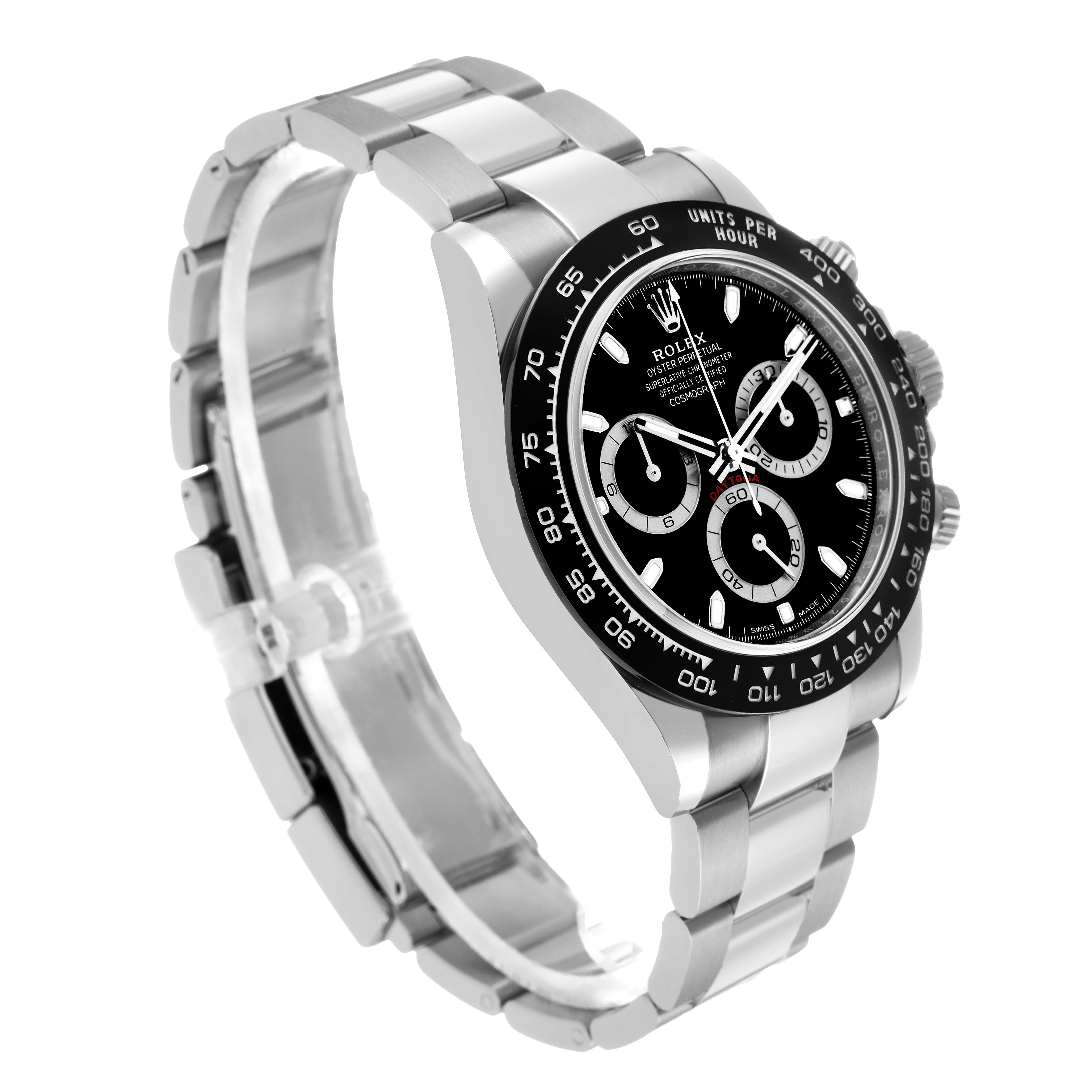 The image shows a Rolex Daytona 116500LN Men's Stainless Steel Black Dial watch at an angled side view, highlighting its bezel, dial, and bracelet.
