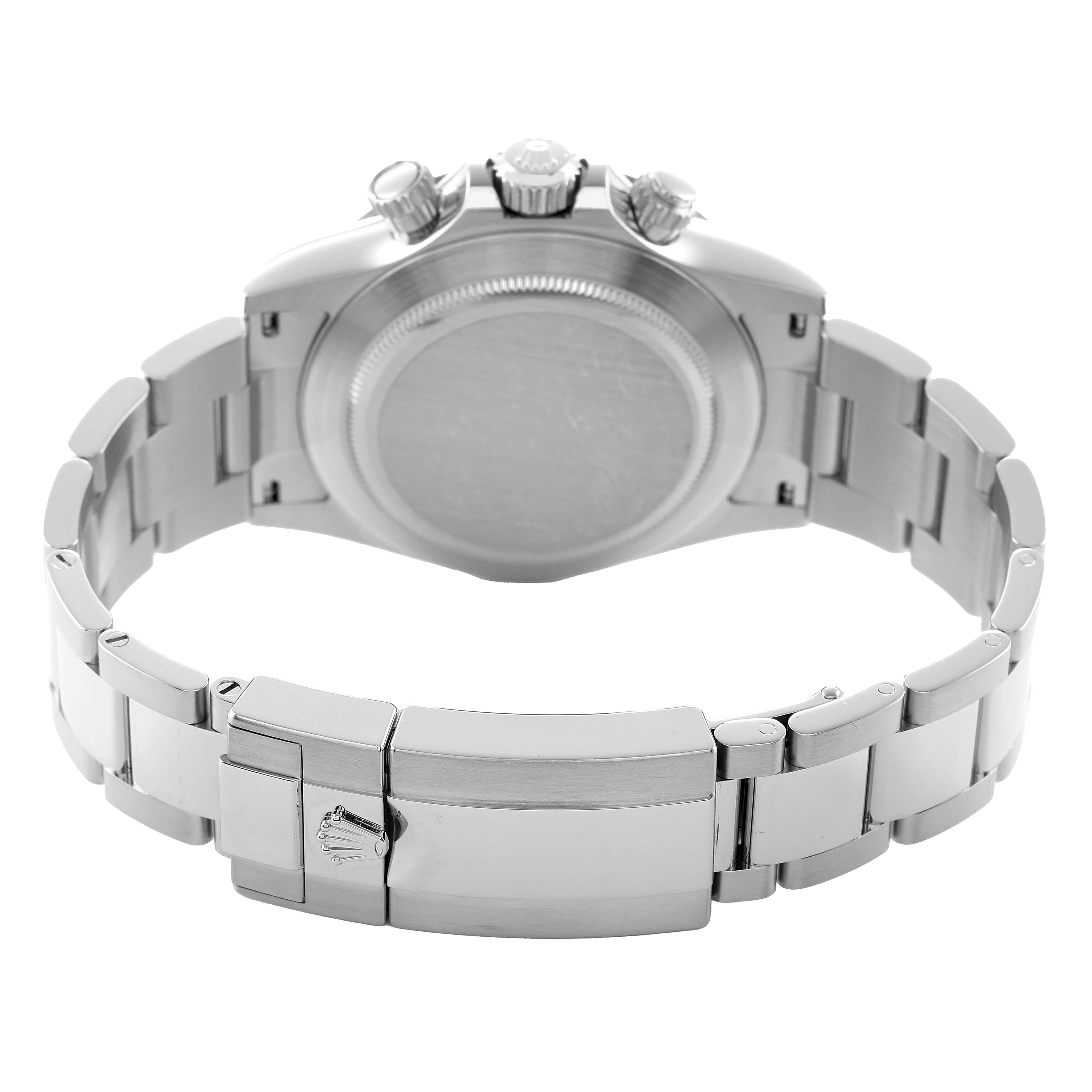 The image shows the back case and bracelet clasp of a Rolex Daytona 116500LN Men's Stainless Steel Black Dial watch from a rear angle.