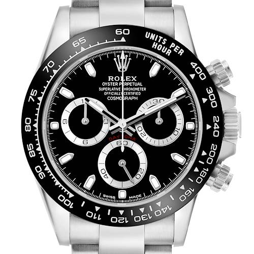 The image shows a front view of the Rolex Daytona 116500LN Men
s Stainless Steel Black Dial watch, highlighting the dial, bezel, and chronograph features.