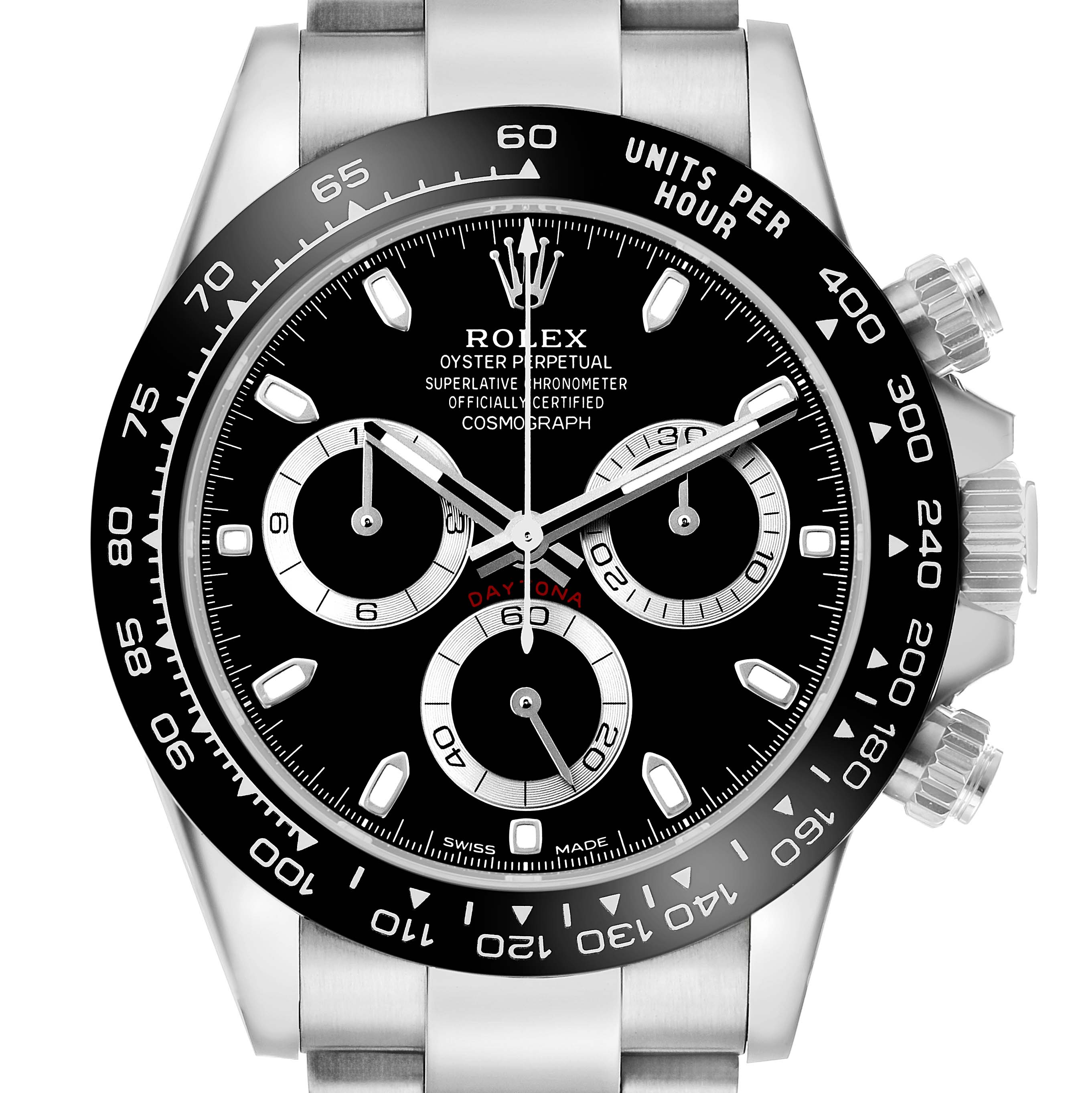 The Rolex Daytona 116500LN Men's Stainless Steel Black Dial watch is shown from a frontal angle, displaying the face, bezel, chronograph dials, and pushers.