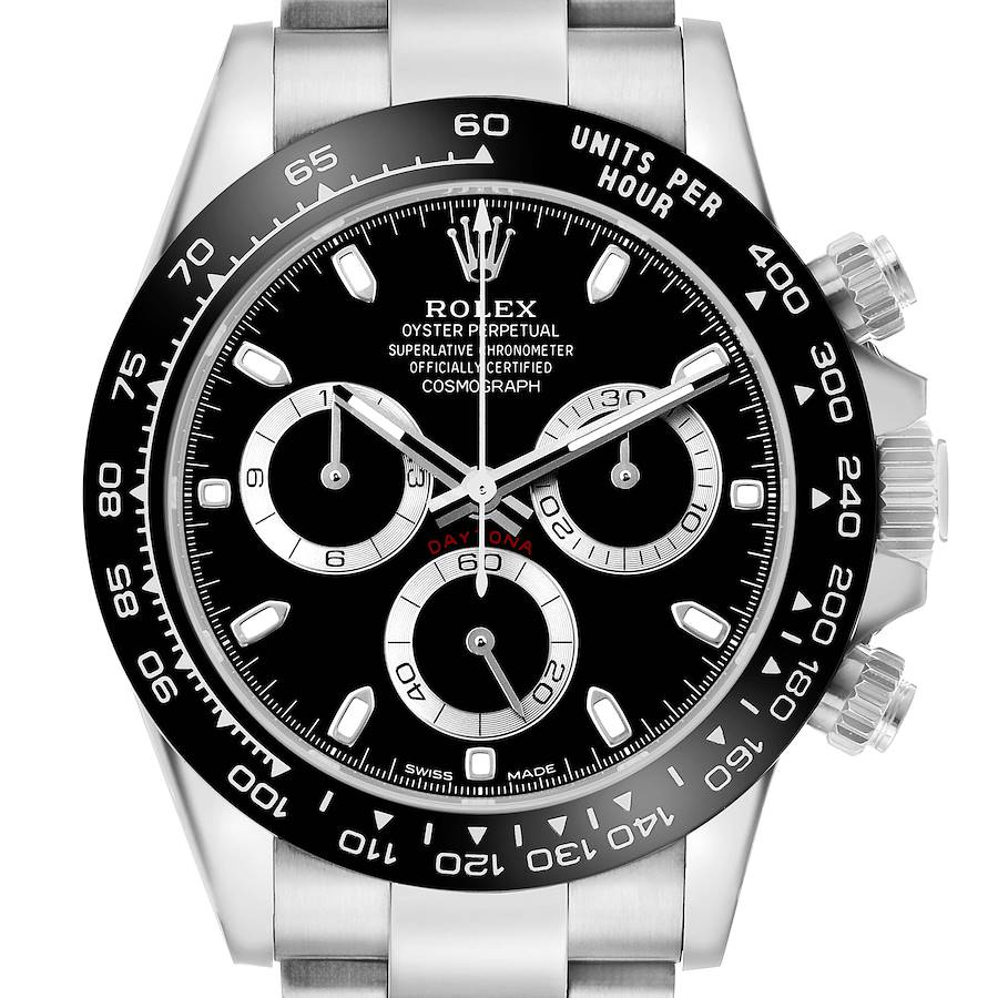 The Rolex Daytona 116500LN Men's Stainless Steel Black Dial watch is shown from a frontal angle, displaying the face, bezel, chronograph dials, and pushers.