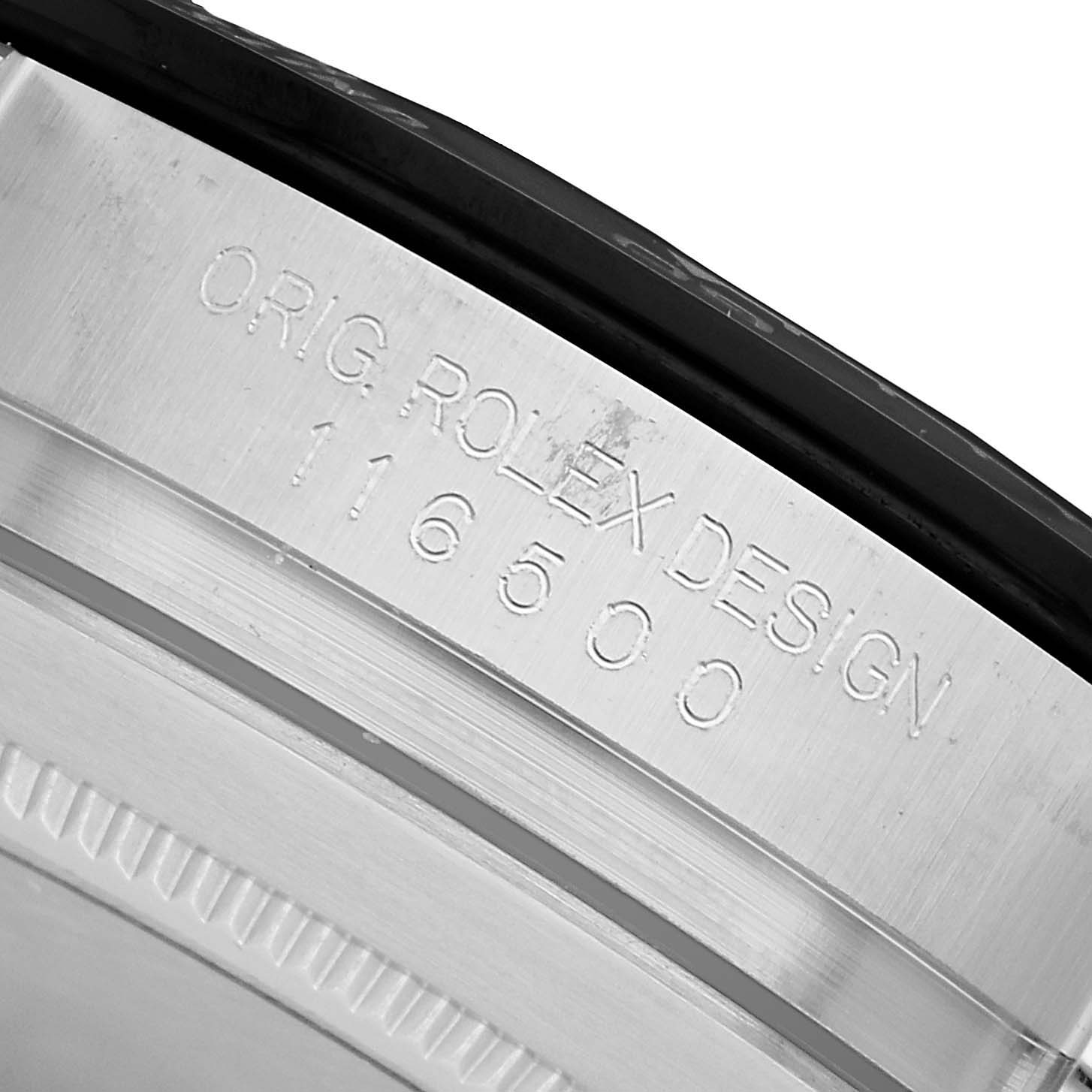 The image shows a close-up of the inner bezel of a Rolex Daytona 116500LN Men's Stainless Steel Black Dial, revealing its engraved model number.