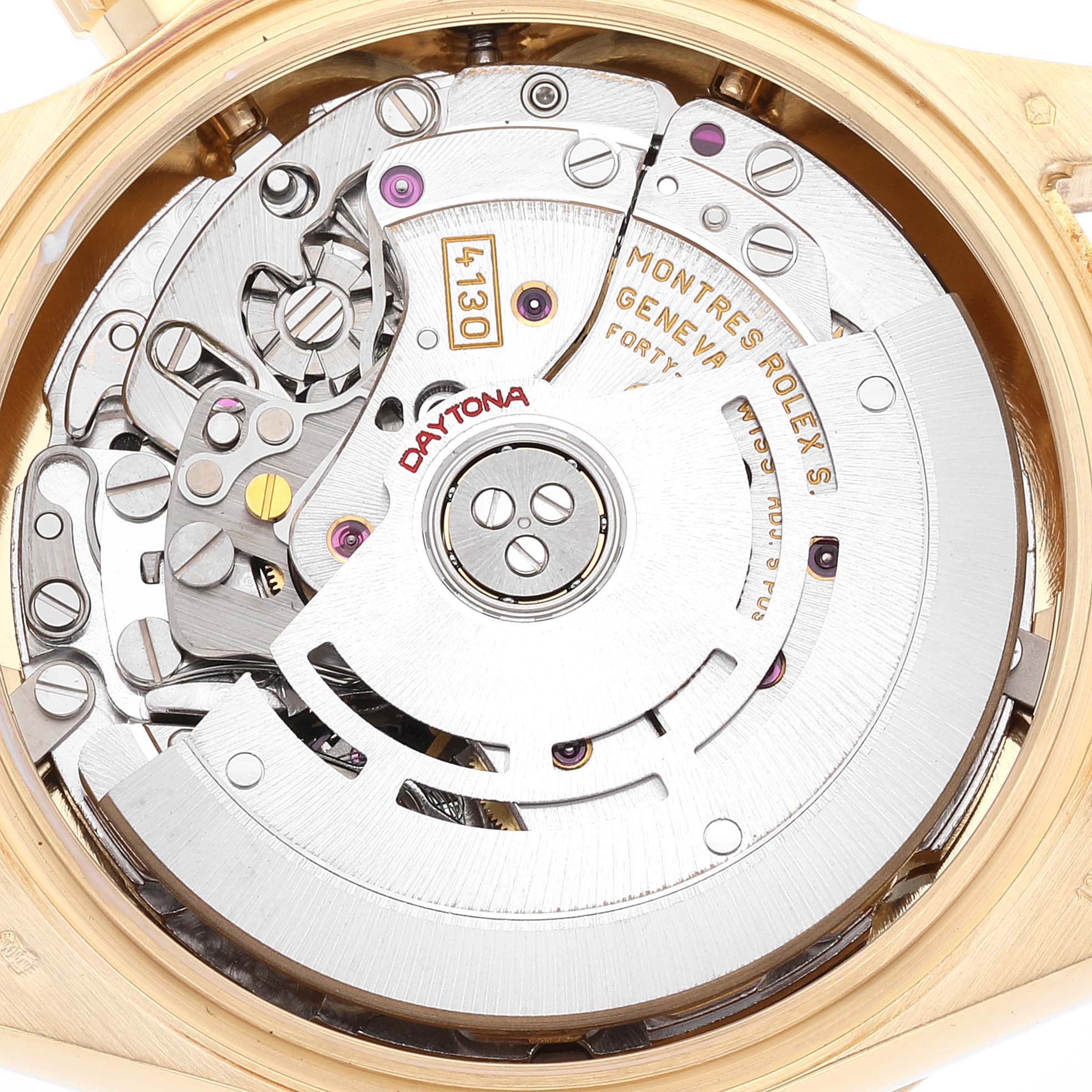 This image shows the inner mechanical movement components of a Rolex Daytona 116528 Men's Yellow Gold Champagne Dial 116528 Men's Yellow Gold Champagne Dial watch.