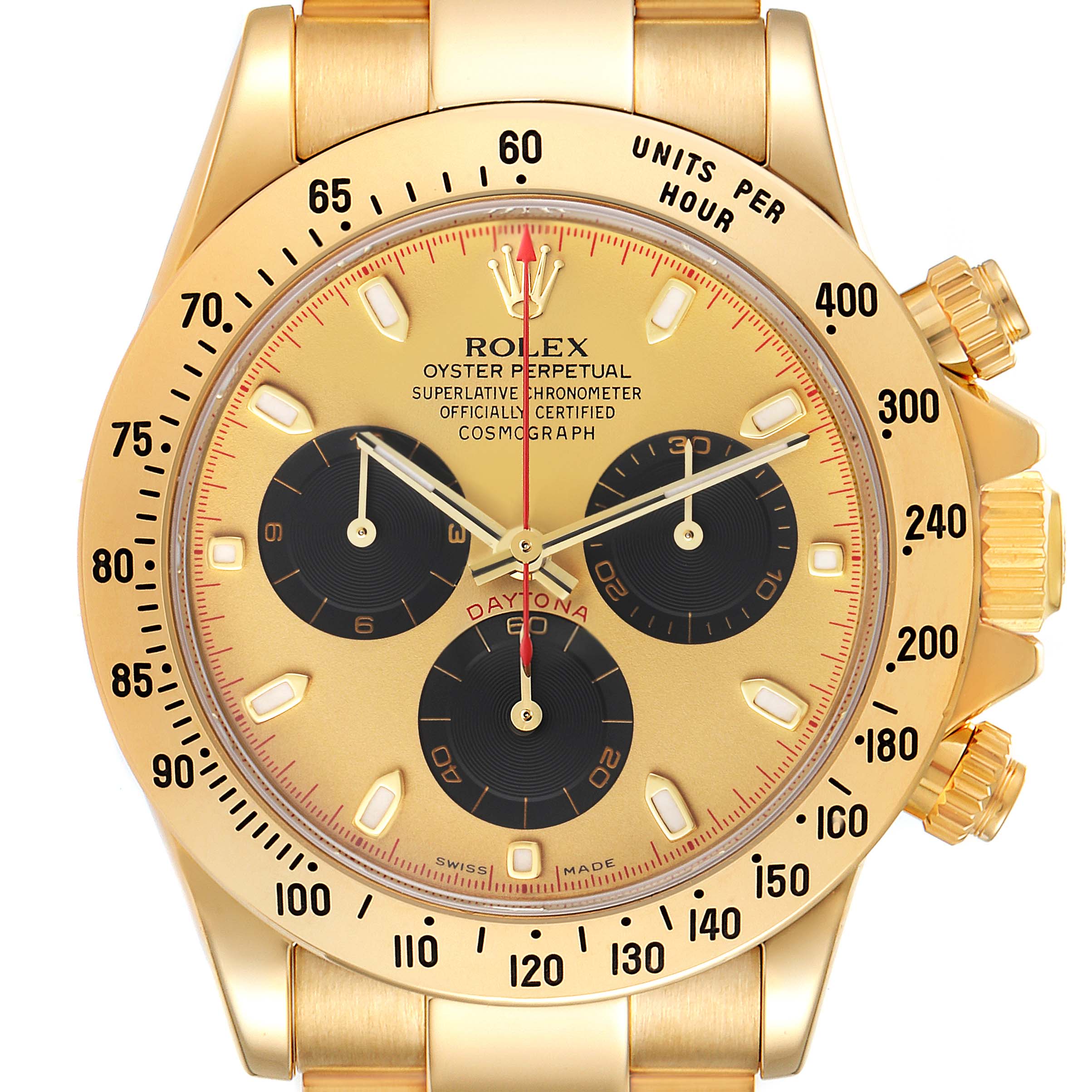 This image shows a front view of a Rolex Daytona 116528 Men's Yellow Gold Champagne Dial 116528 Men's Yellow Gold Champagne Dial watch, highlighting the dial, subdials, and tachymeter bezel.