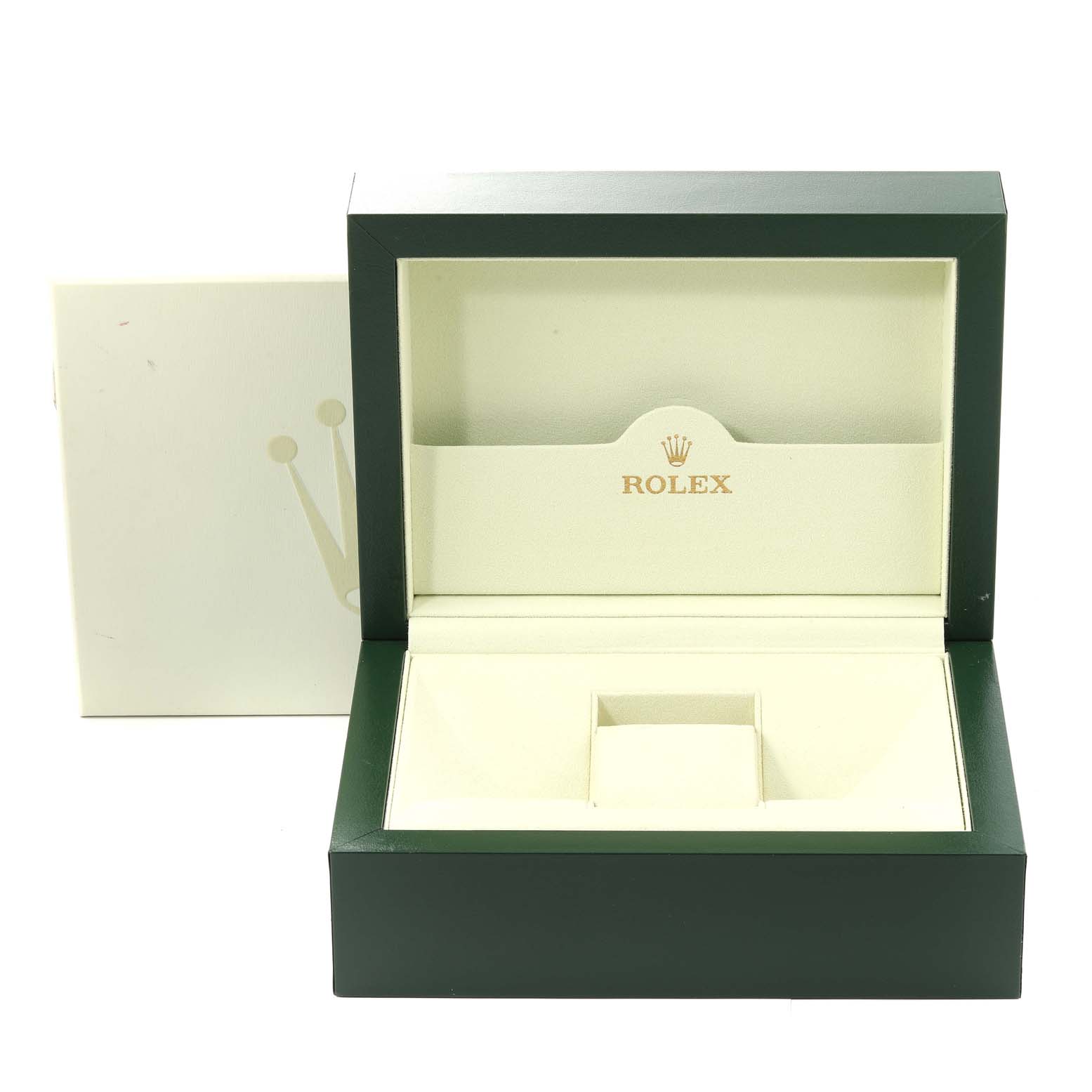 The image shows an open Rolex Daytona 116528 Men's Yellow Gold Champagne Dial 116528 Men's Yellow Gold Champagne Dial watch box with an outer cardboard sleeve, viewed from the front.
