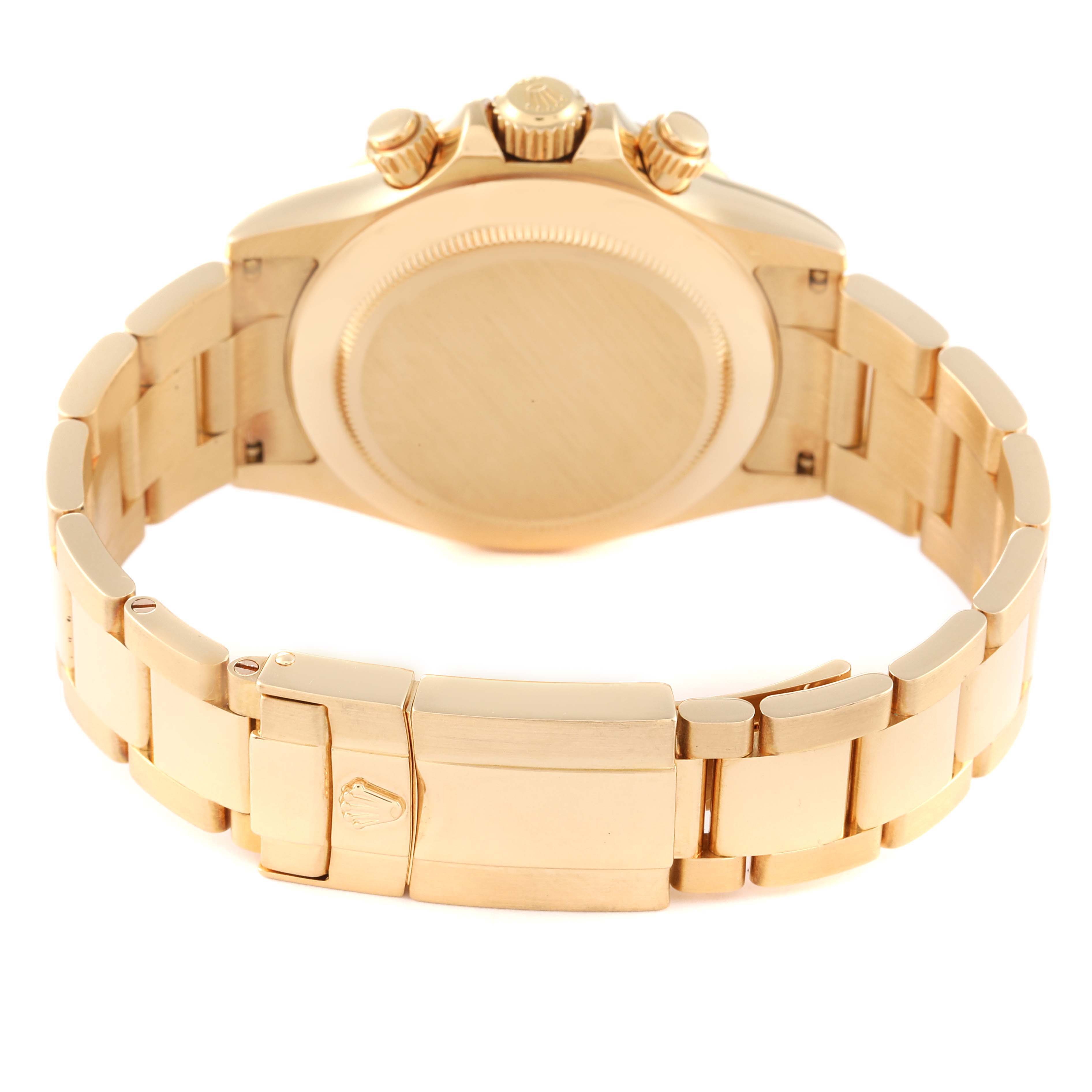 The image shows the back of a Rolex Daytona 116528 Men's Yellow Gold Champagne Dial 116528 Men's Yellow Gold Champagne Dial watch, including the case back, bracelet, and clasp.