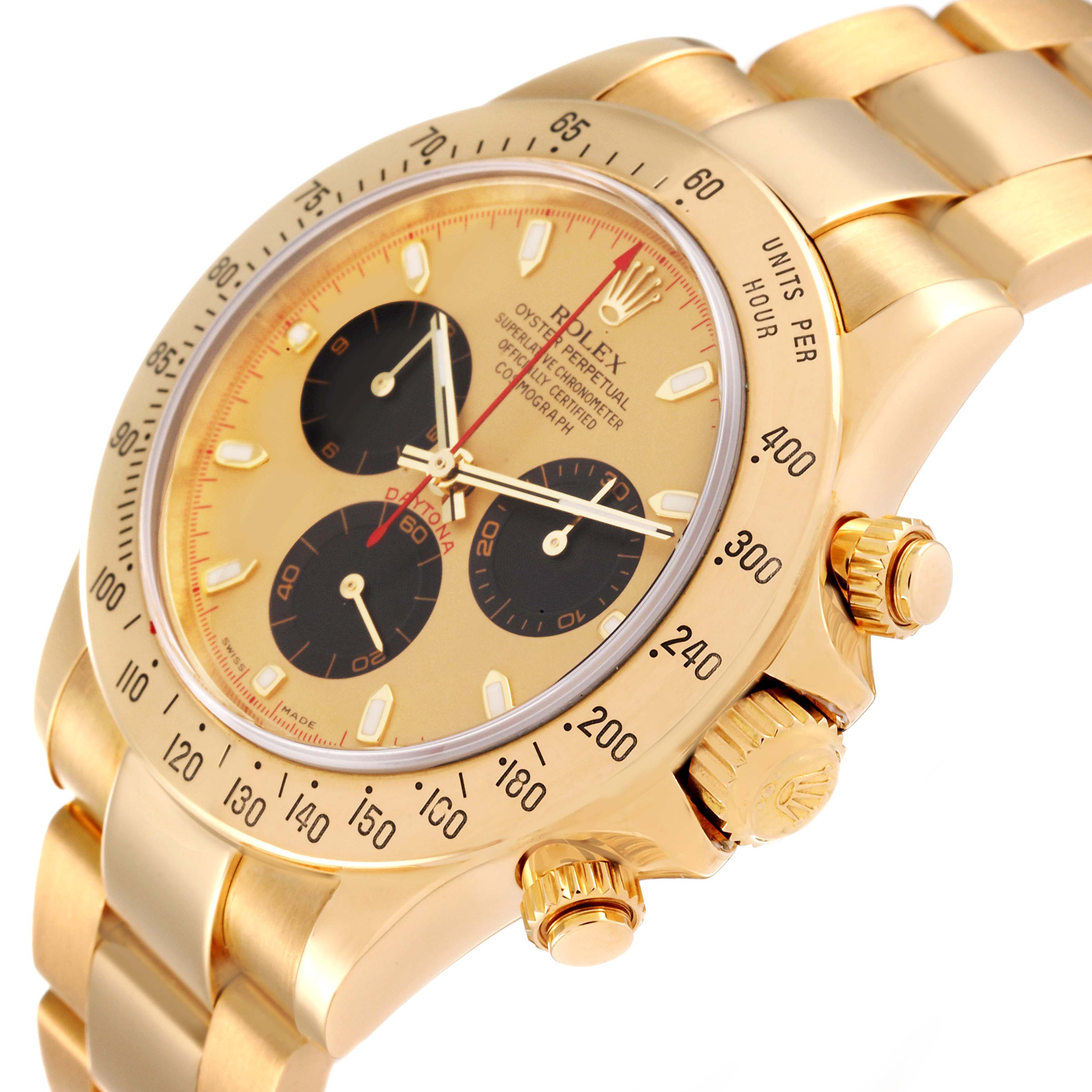 This Rolex Daytona 116528 Men's Yellow Gold Champagne Dial 116528 Men's Yellow Gold Champagne Dial watch is shown at a slight angle, highlighting the face, bezel, crown, and part of the bracelet.