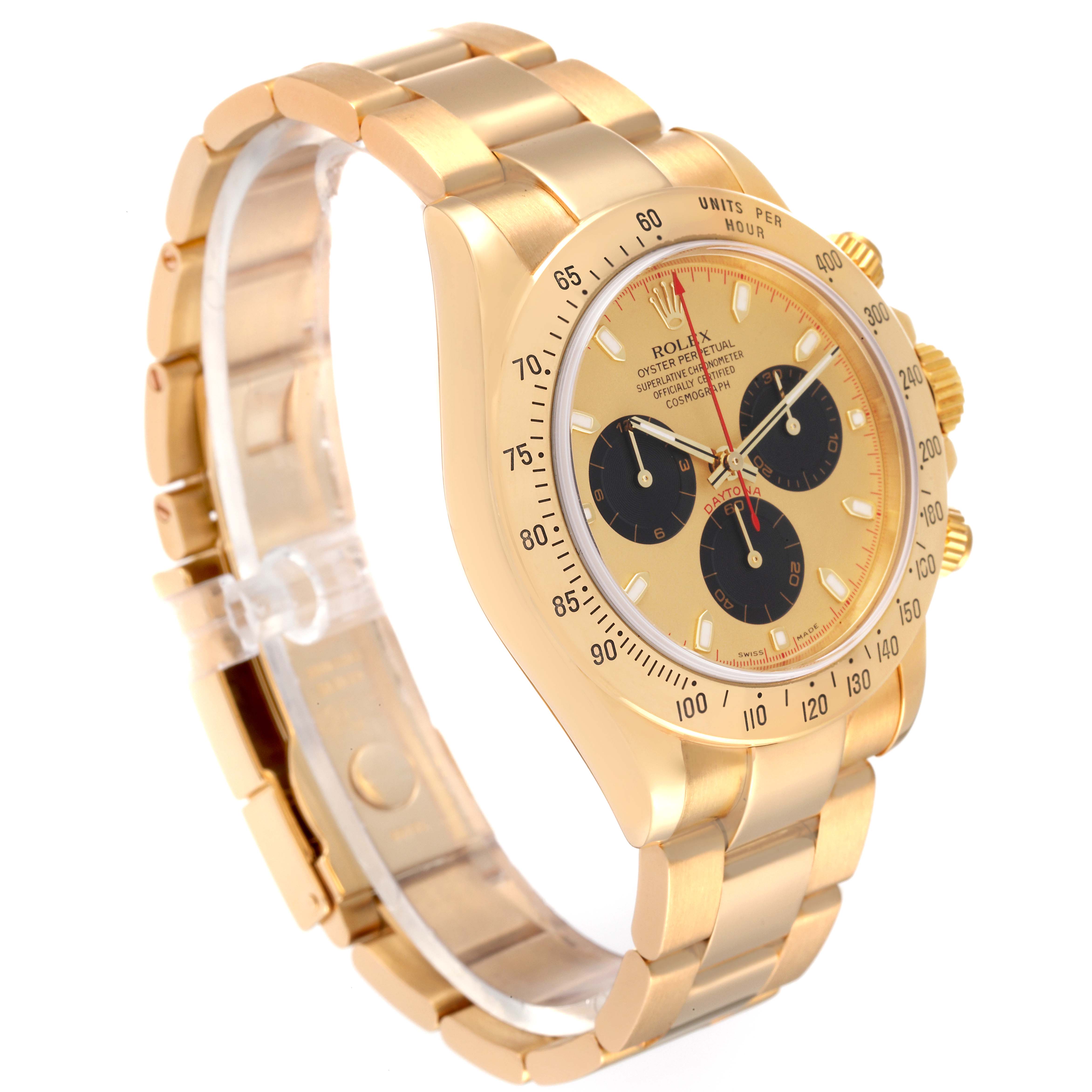 The image shows a side angle of the Rolex Daytona 116528 Men's Yellow Gold Champagne Dial 116528 Men's Yellow Gold Champagne Dial watch, highlighting its gold case, dial, chronograph subdials, and bracelet.