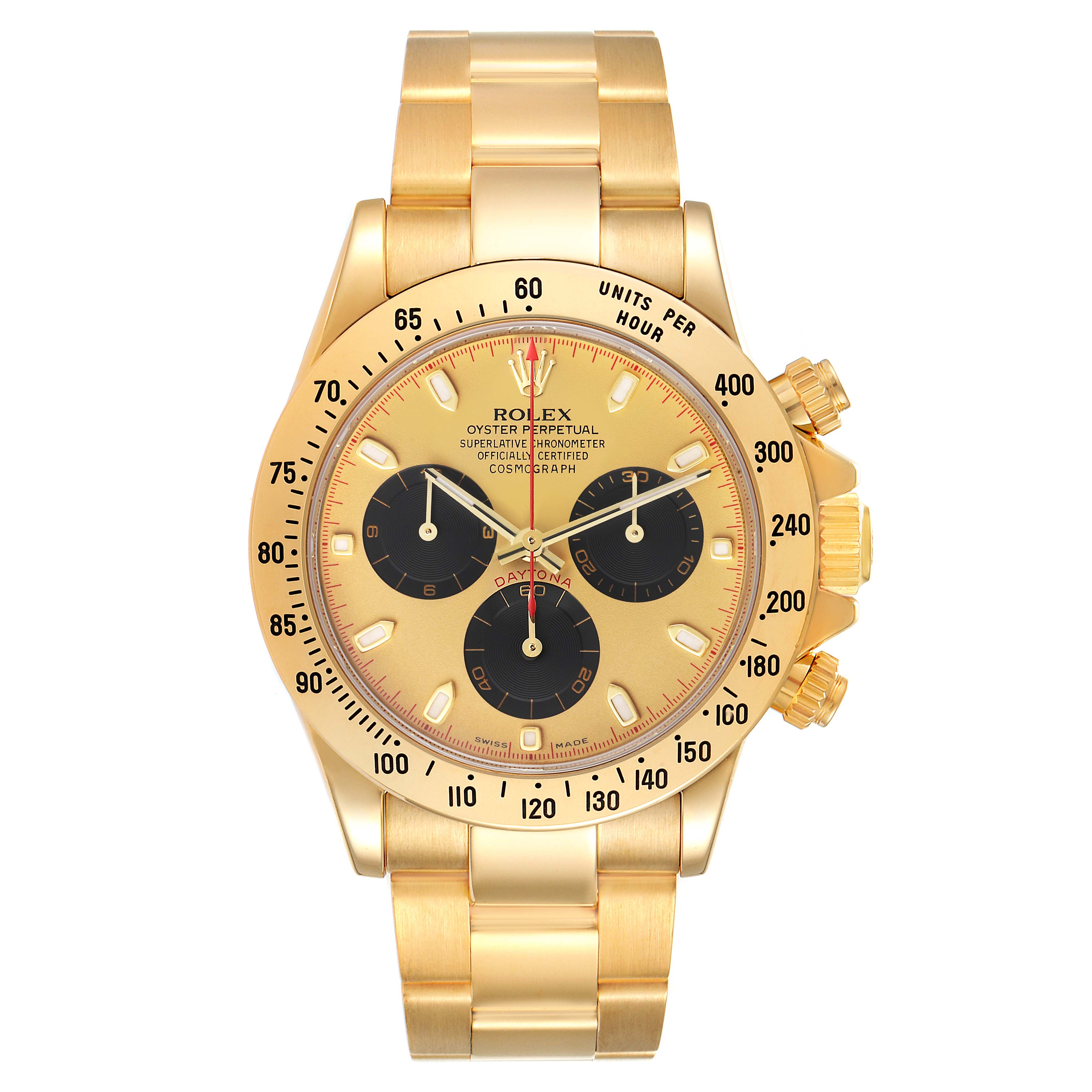 This image shows a front view of the Rolex Daytona 116528 Men's Yellow Gold Champagne Dial 116528 Men's Yellow Gold Champagne Dial watch, displaying its face, bezel, and bracelet.