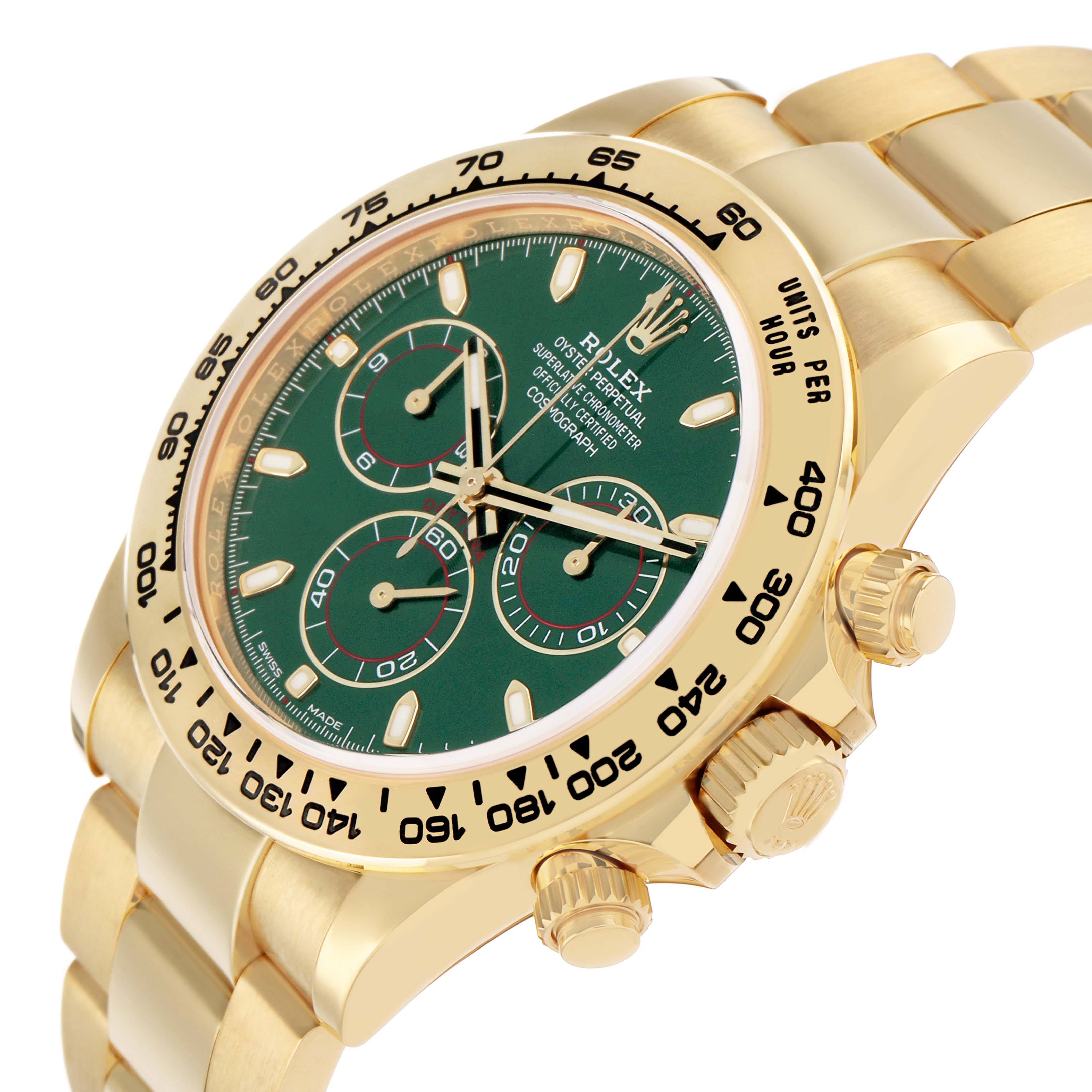 The Rolex Daytona 116508 Men's Yellow Gold Green Dial watch is shown at an angled view, displaying the green dial, chronograph subdials, bezel, and gold bracelet.