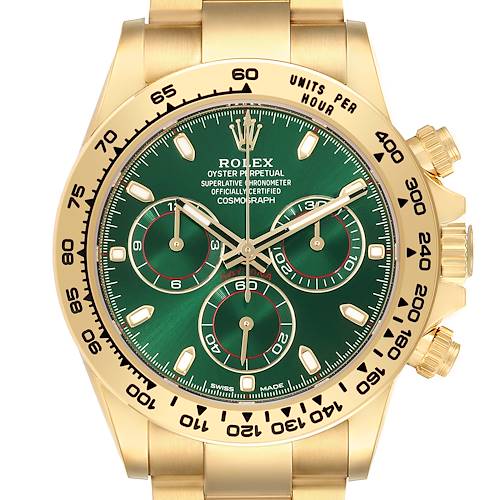 The Rolex Daytona 116508 Men's Yellow Gold Green Dial watch is shown from a front angle, highlighting its green dial, gold bezel, and pushers.