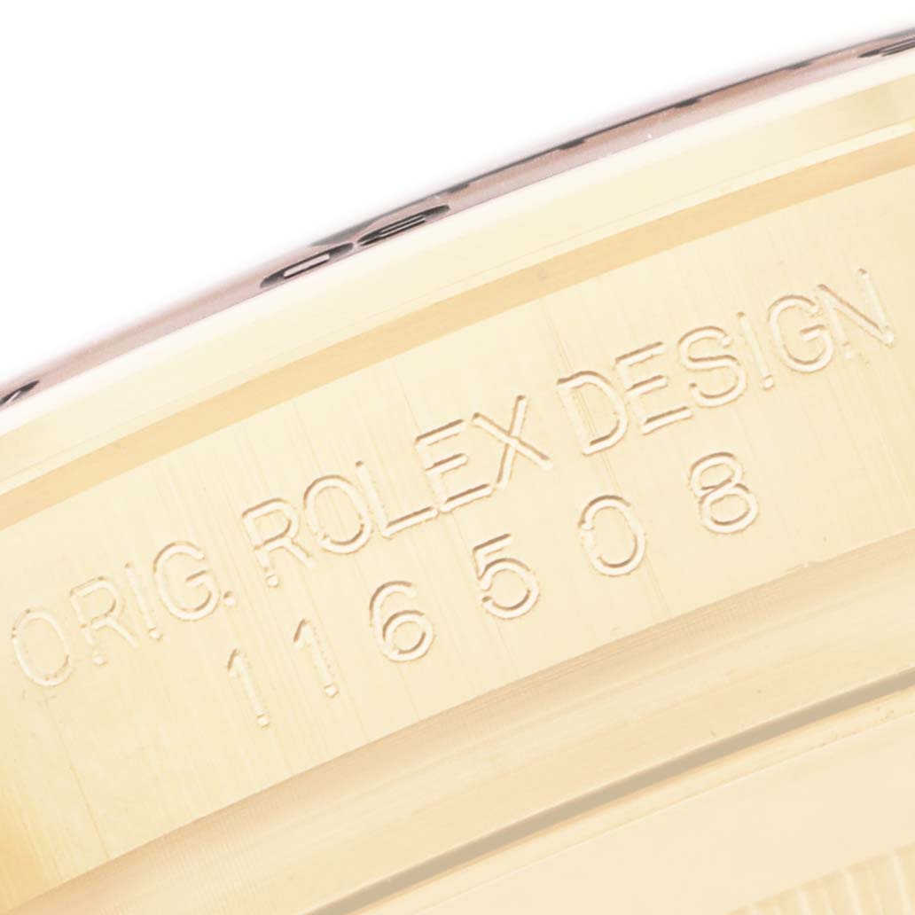 The image shows a close-up of the case side with engraving and model number on a Rolex Daytona 116508 Men's Yellow Gold Green Dial.