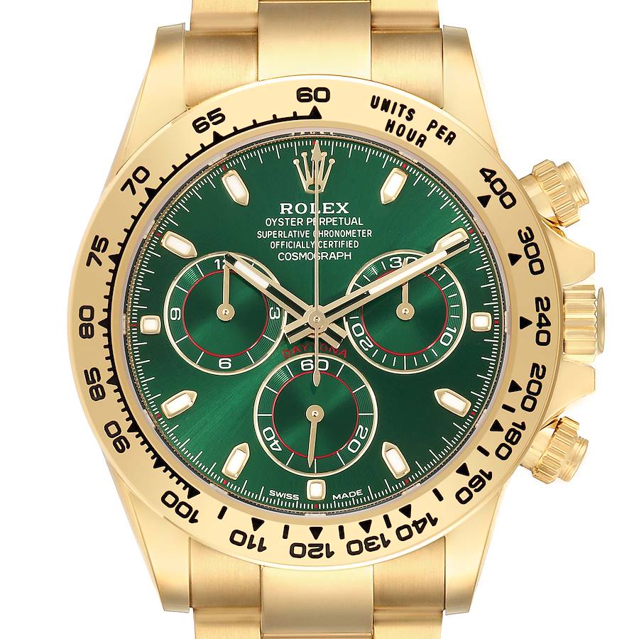 The Rolex Daytona 116508 Men's Yellow Gold Green Dial watch is shown from the front, highlighting its green dial, gold bezel, and chronograph subdials.