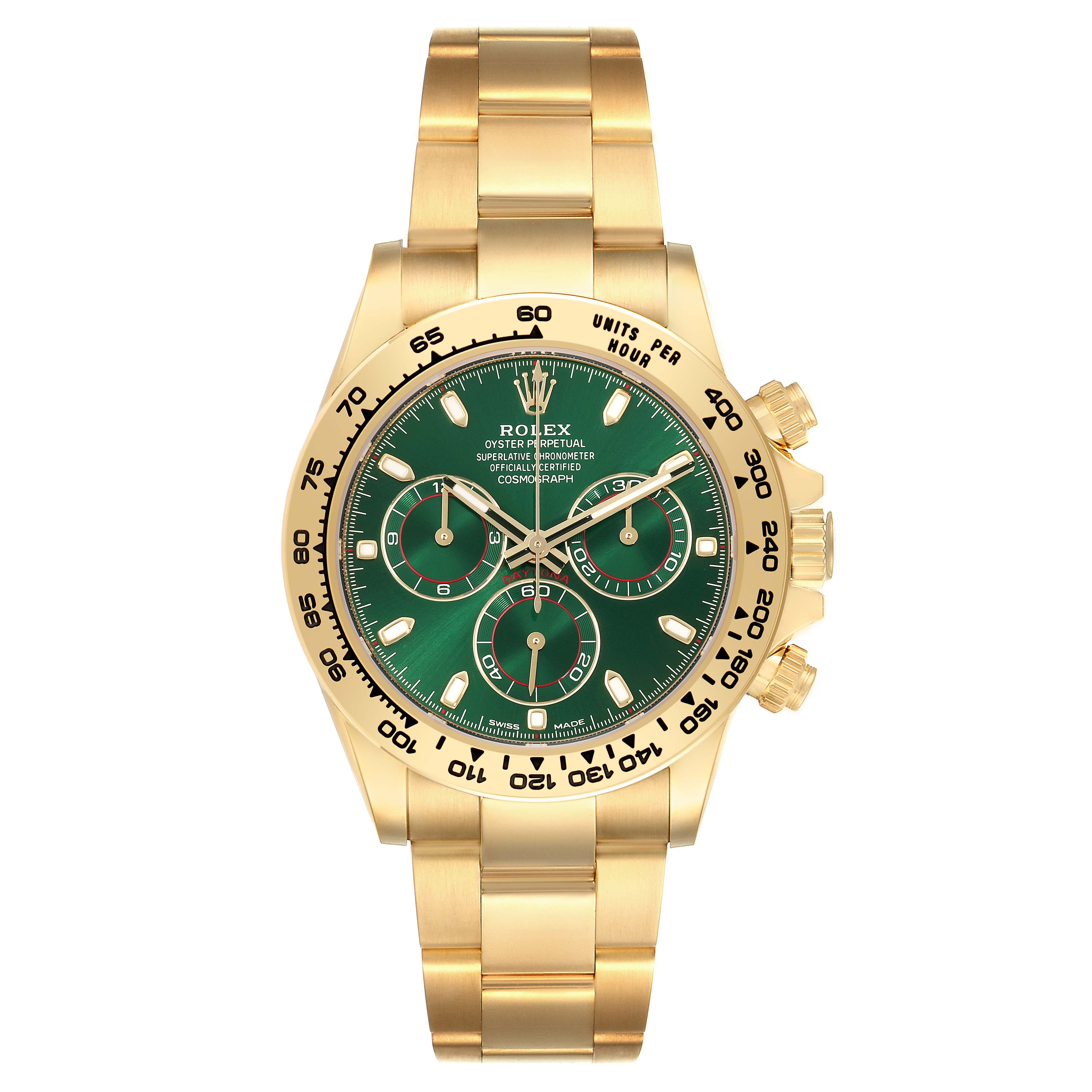 The Rolex Daytona 116508 Men's Yellow Gold Green Dial watch is shown from a front angle, displaying its gold bracelet and green dial with subdials.