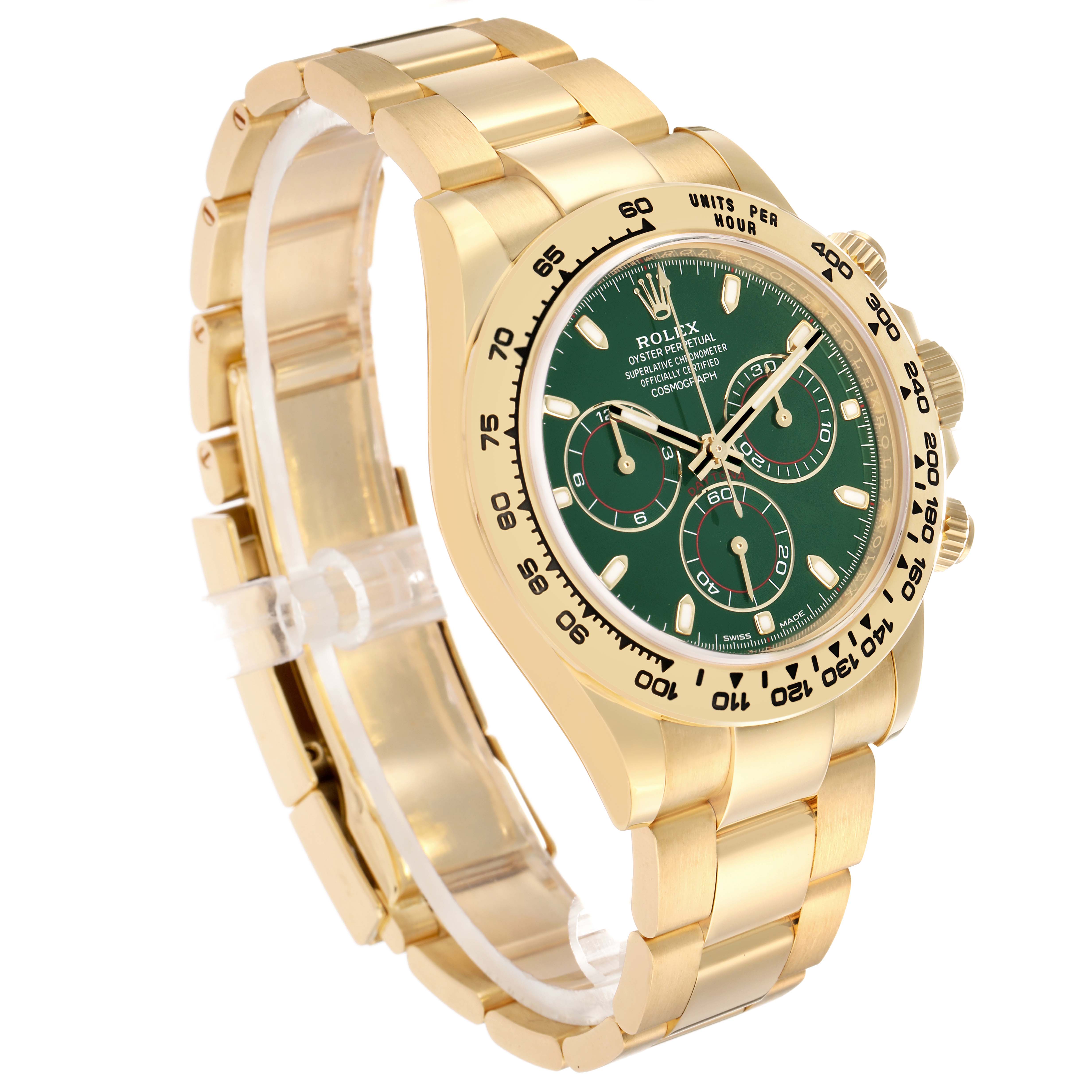 The Rolex Daytona 116508 Men's Yellow Gold Green Dial watch is shown at a three-quarter angle, displaying the dial, bezel, and part of the bracelet.