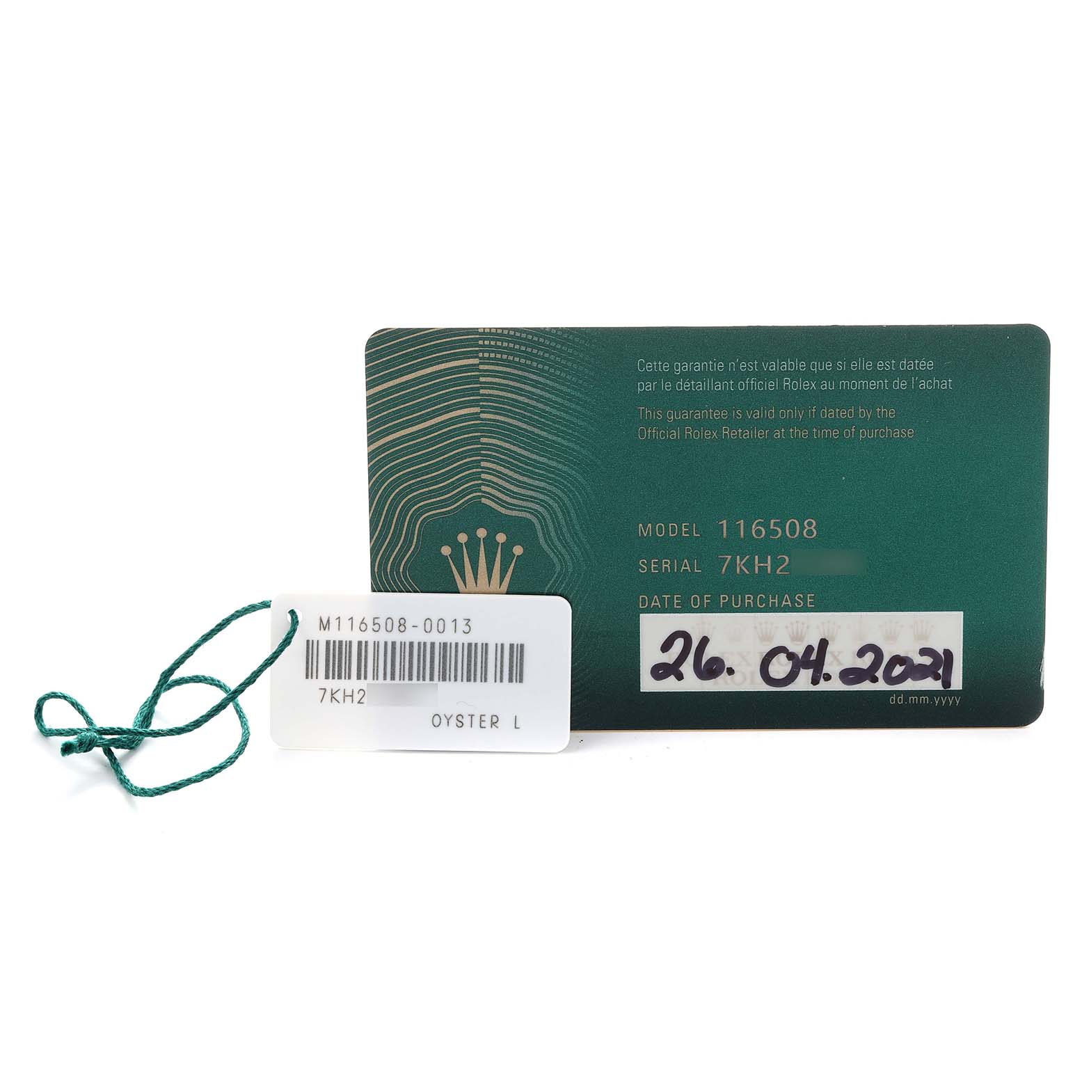 The image shows the warranty card and tag for a Rolex Daytona 116508 Men's Yellow Gold Green Dial watch, model 116508.
