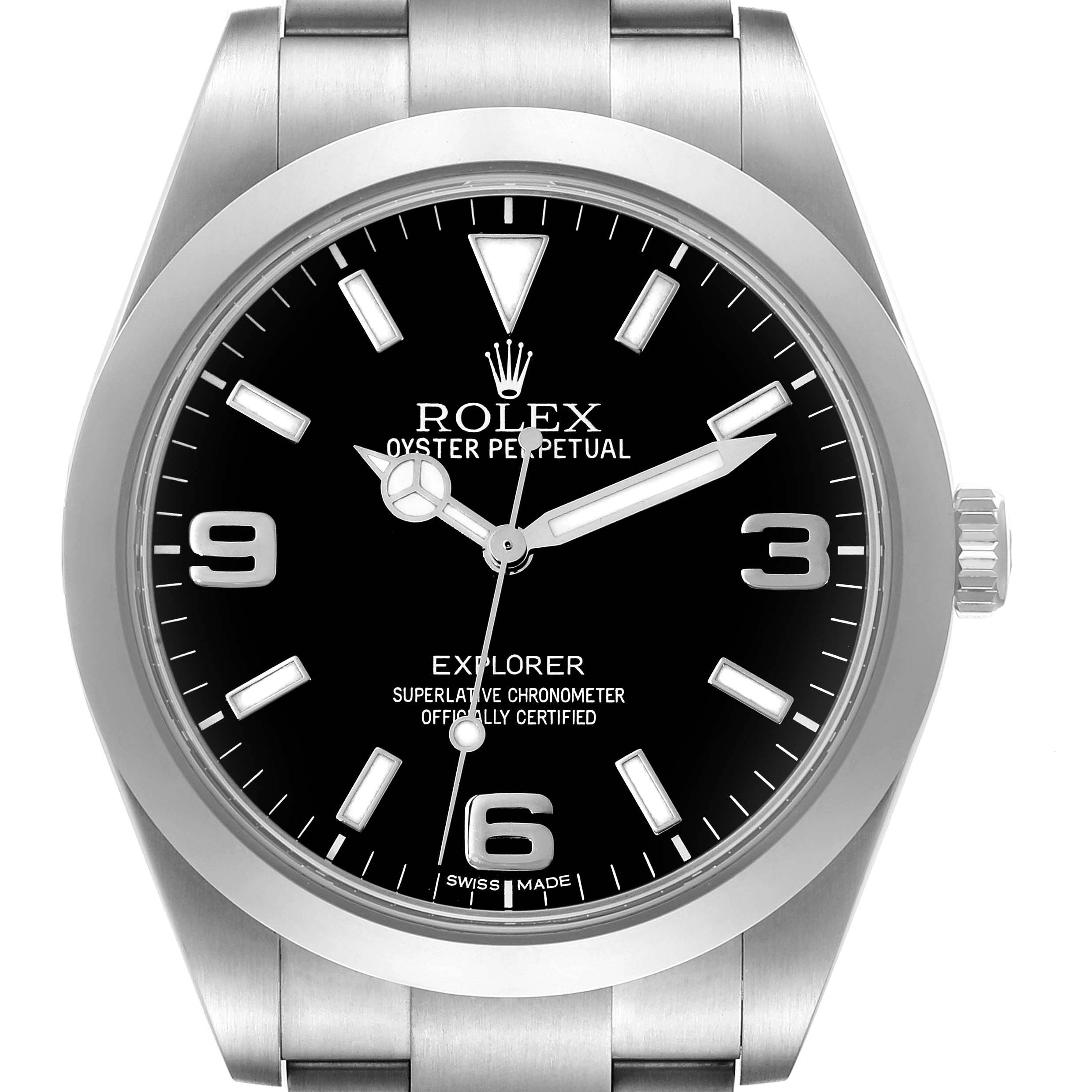 The image shows a front view of the Rolex Explorer 214270 Men's Stainless Steel Black Dial 214270 Men's Stainless Steel Black Dial watch, highlighting its black dial and stainless steel case.