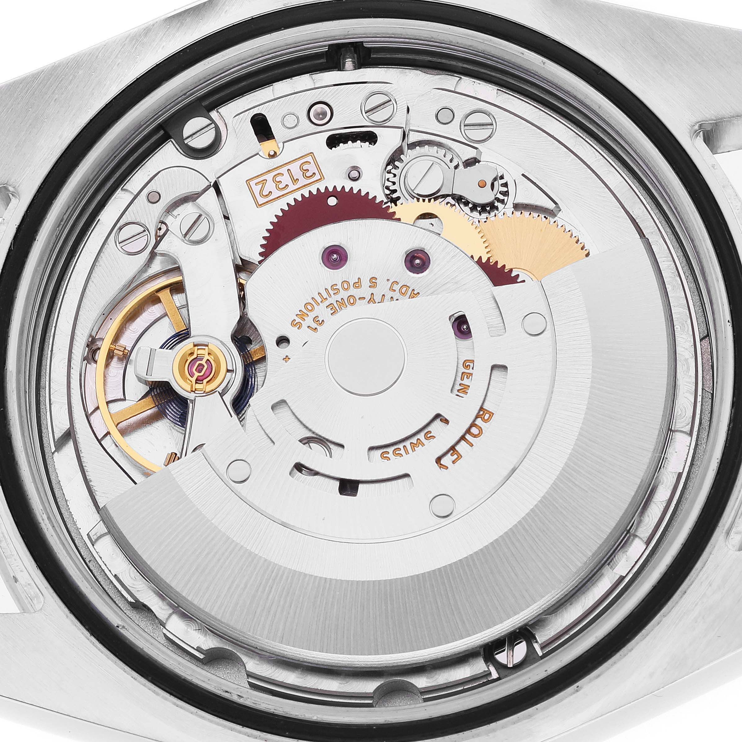 This image shows a close-up of the movement mechanism inside a Rolex Explorer 214270 Men's Stainless Steel Black Dial 214270 Men's Stainless Steel Black Dial watch.