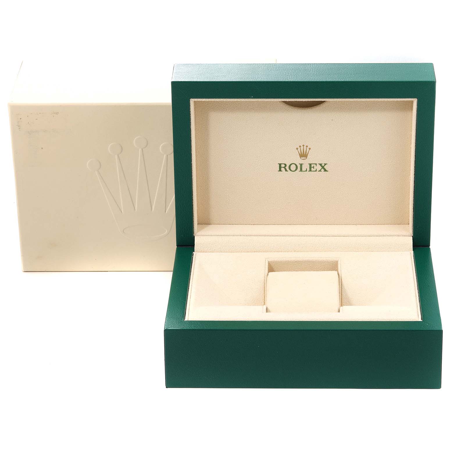 This image shows an open Rolex Explorer 214270 Men's Stainless Steel Black Dial 214270 Men's Stainless Steel Black Dial watch box with the outer box also visible.