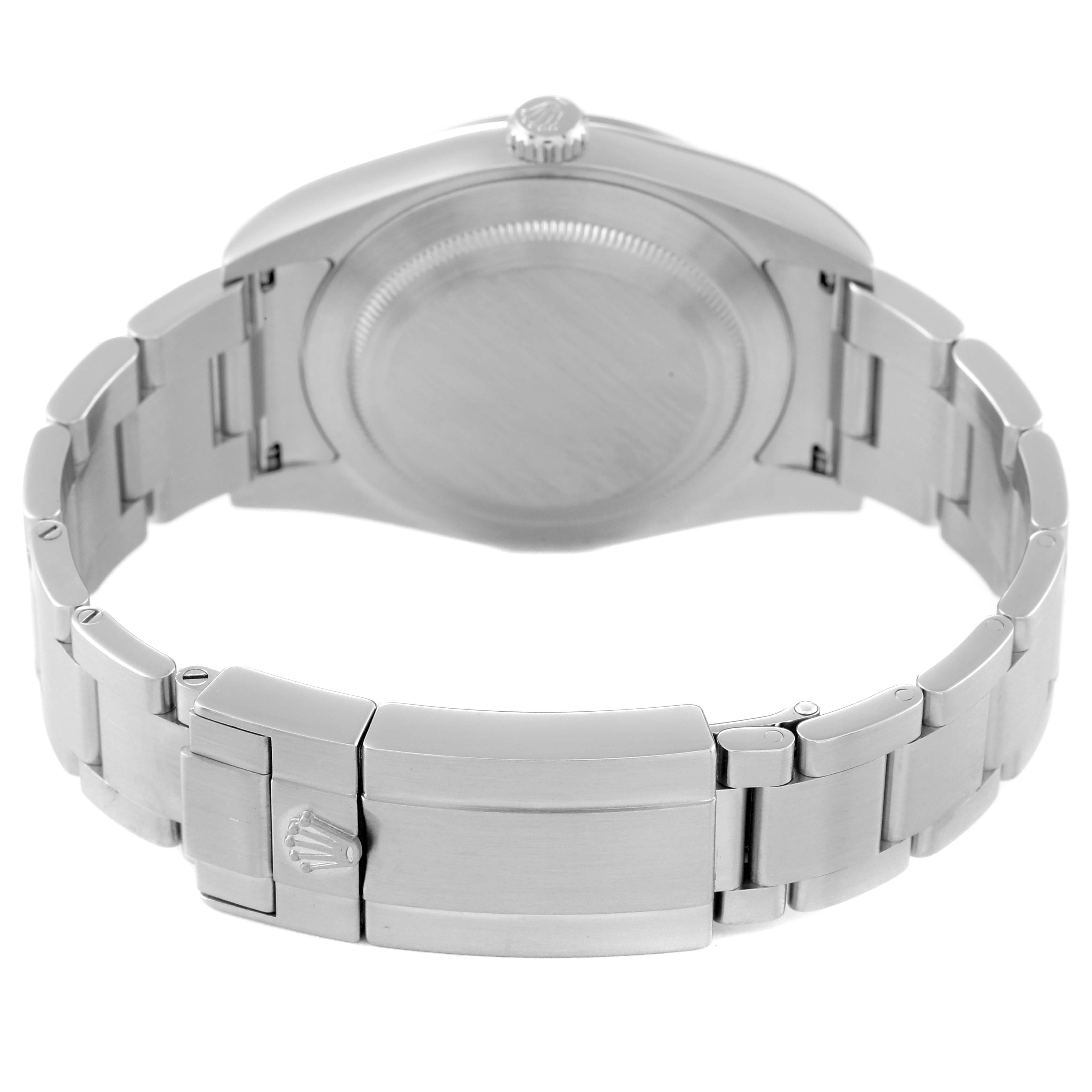 The image shows the back view of a Rolex Explorer 214270 Men's Stainless Steel Black Dial 214270 Men's Stainless Steel Black Dial watch, highlighting its case back and metal bracelet.