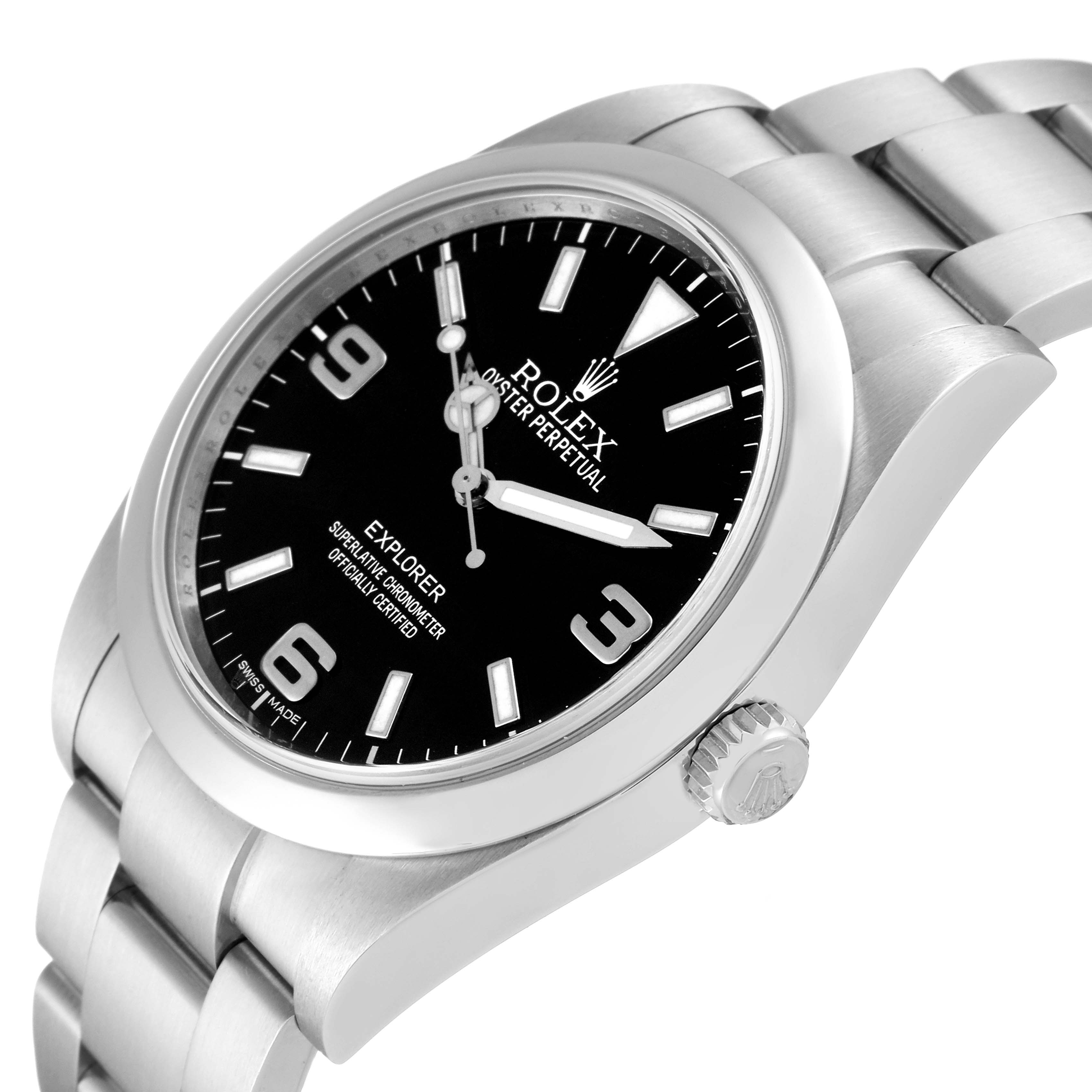 The image shows a side angle of the Rolex Explorer 214270 Men's Stainless Steel Black Dial 214270 Men's Stainless Steel Black Dial watch, highlighting the black dial, luminescent markers, and a stainless steel bracelet.
