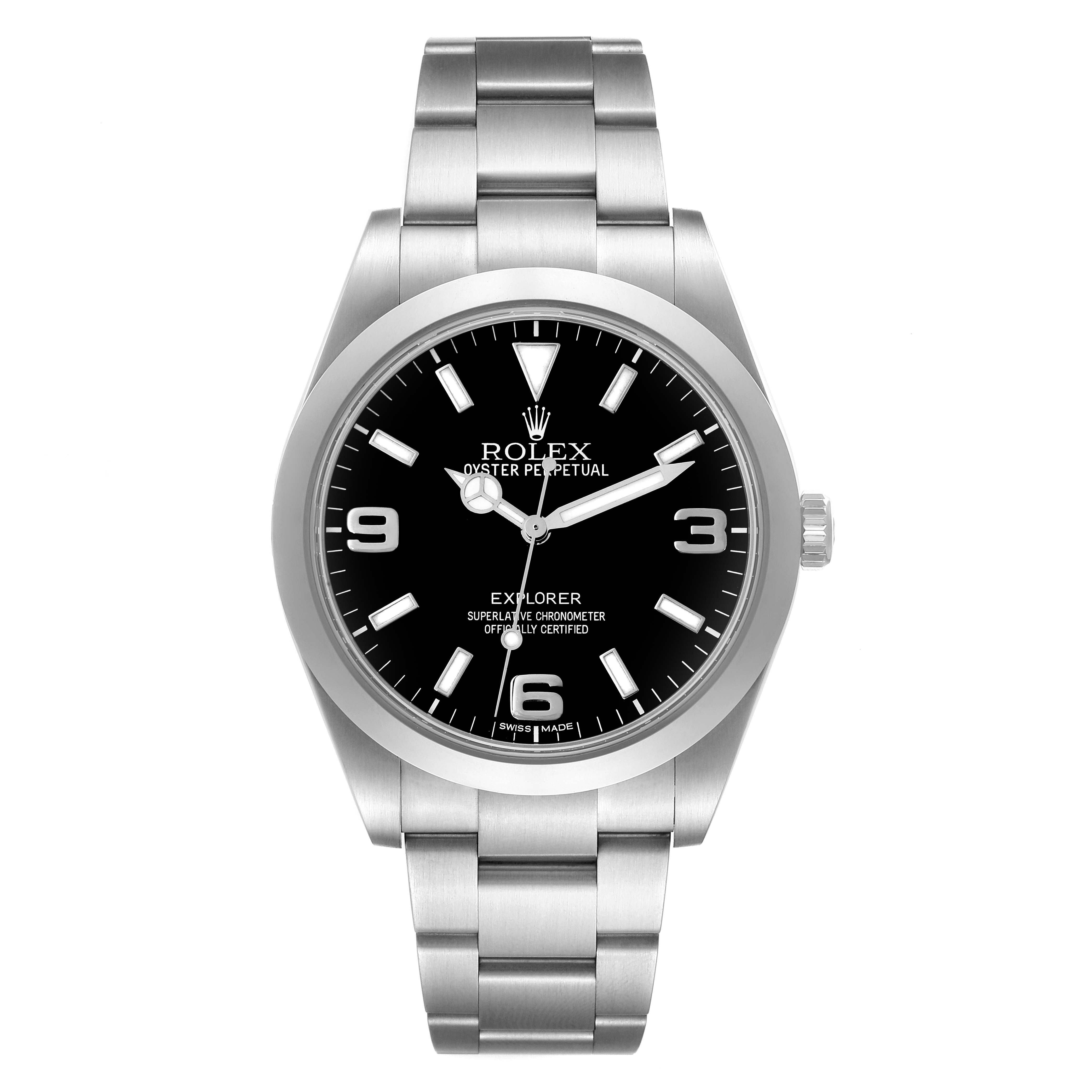 The Rolex Explorer 214270 Men's Stainless Steel Black Dial 214270 Men's Stainless Steel Black Dial watch is shown from a straight-on angle, displaying its dial, bezel, and bracelet.