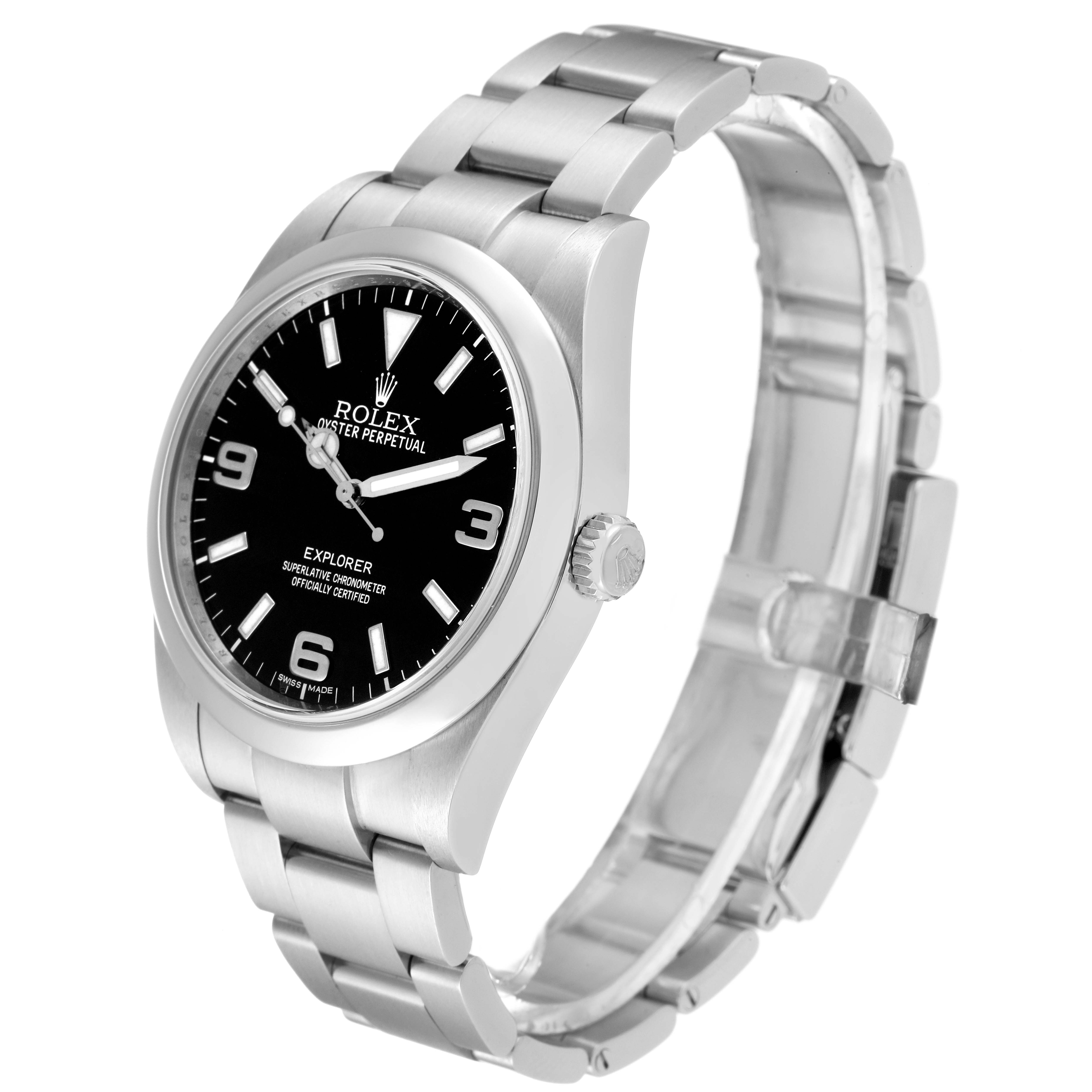 The image shows a side-angle view of a Rolex Explorer 214270 Men's Stainless Steel Black Dial 214270 Men's Stainless Steel Black Dial watch, highlighting its dial, crown, and bracelet.