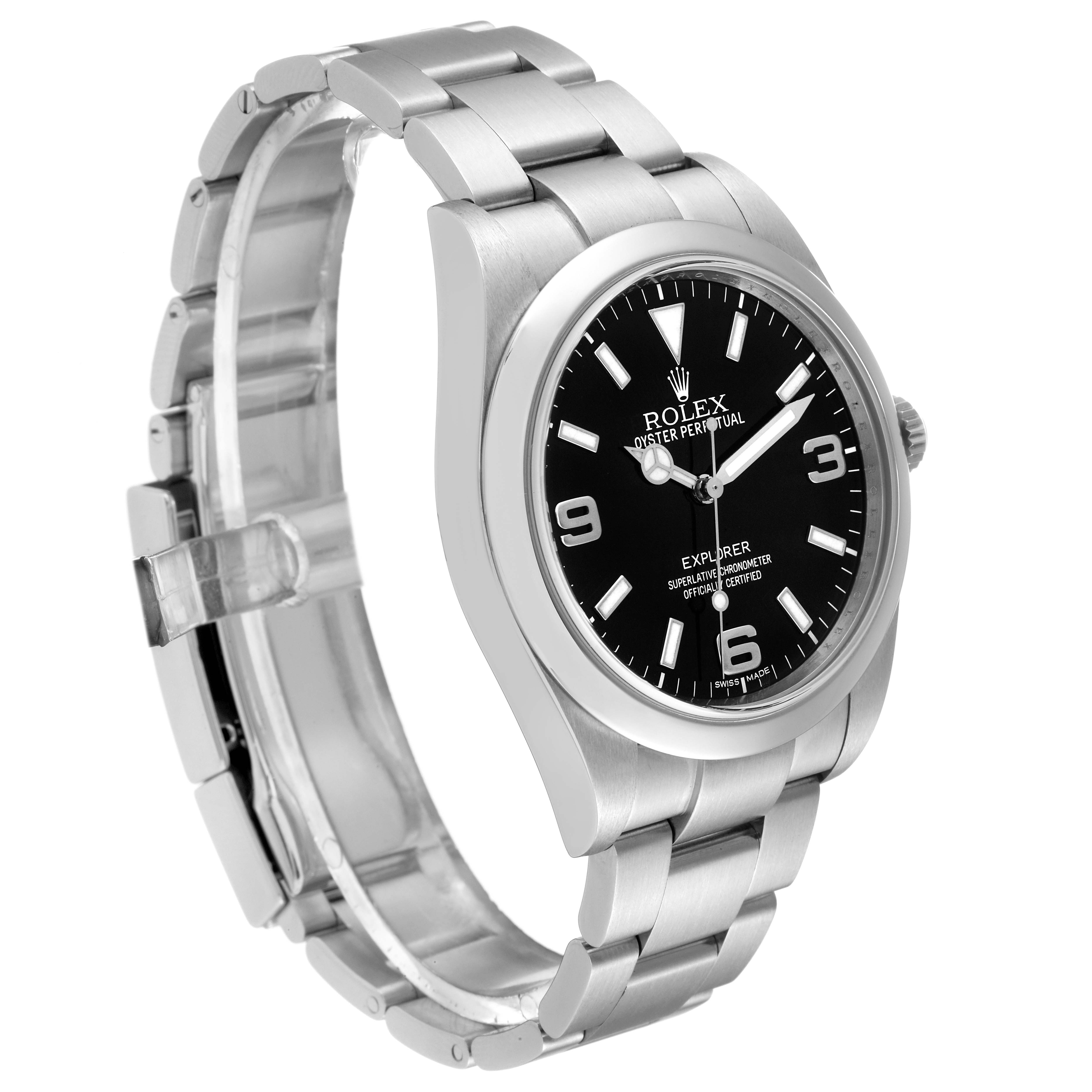 The Rolex Explorer 214270 Men's Stainless Steel Black Dial 214270 Men's Stainless Steel Black Dial watch is shown at a slight angle, displaying its face, bezel, crown, and stainless steel bracelet.