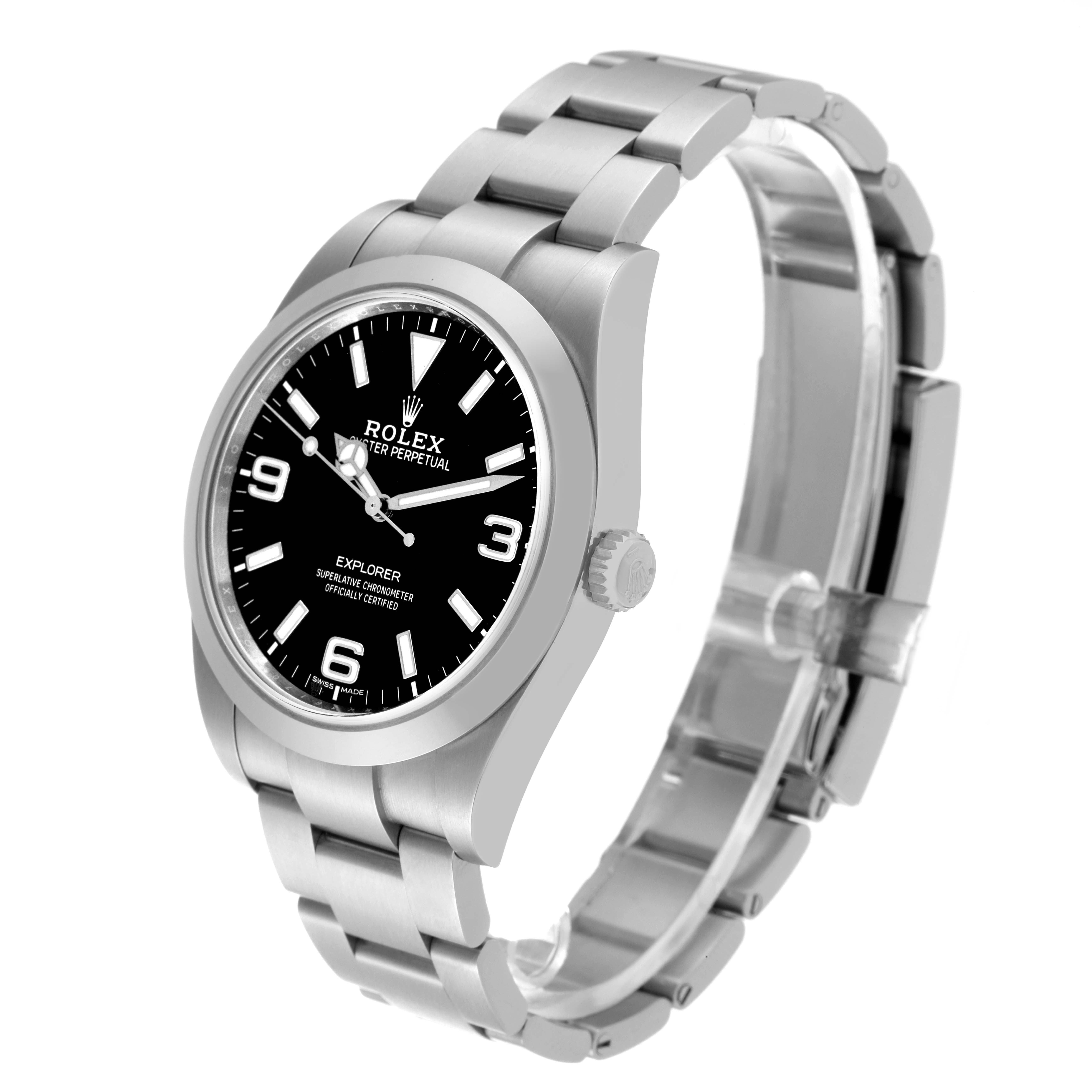 The image shows a side angle view of a Rolex Explorer 214270 Men
s Stainless Steel Black Dial 214270 Men
s Stainless Steel Black Dial watch, highlighting the face, bezel, crown, and stainless steel bracelet.