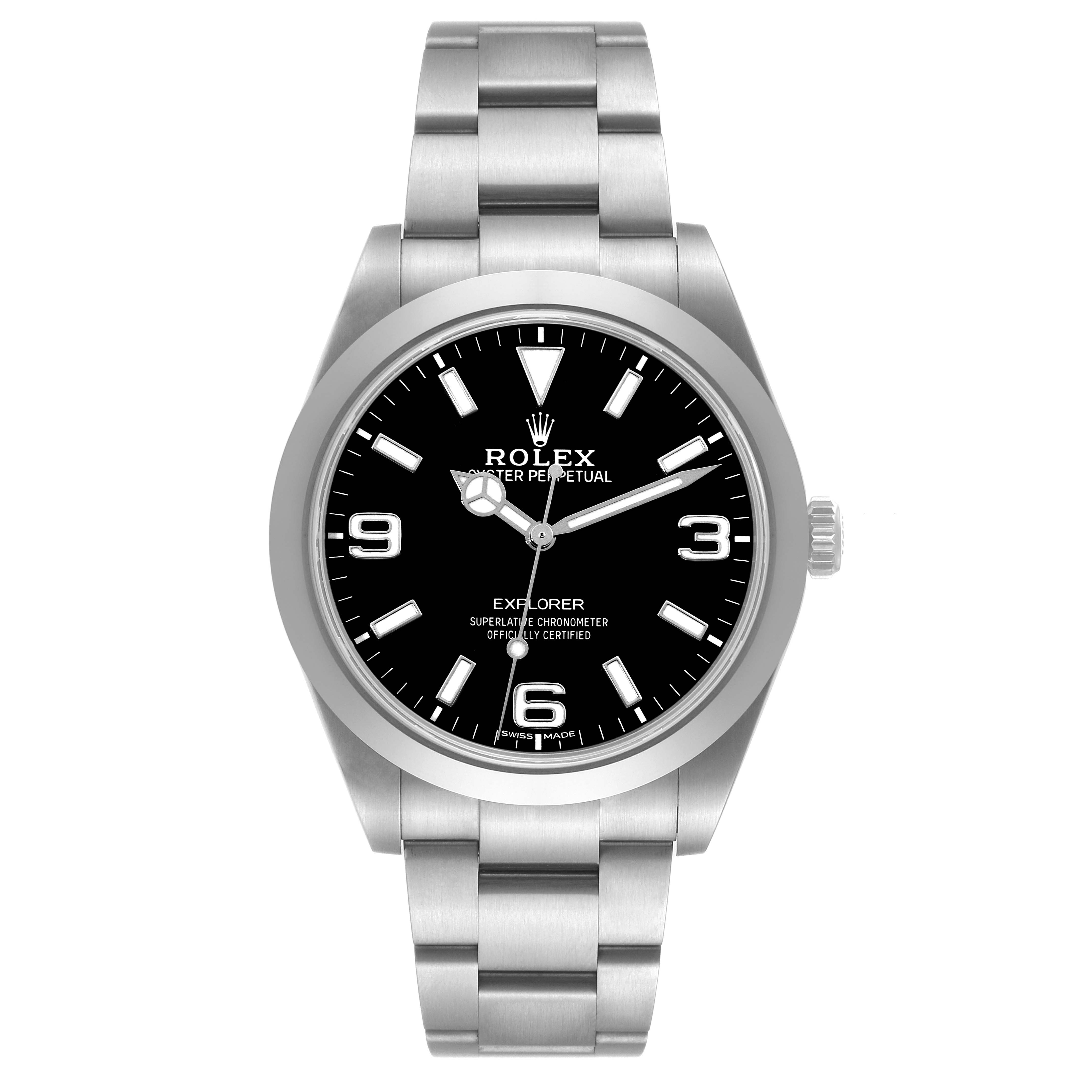 This image shows a front view of a Rolex Explorer 214270 Men
s Stainless Steel Black Dial 214270 Men
s Stainless Steel Black Dial watch, highlighting its black dial, numerals, and stainless steel bracelet.
