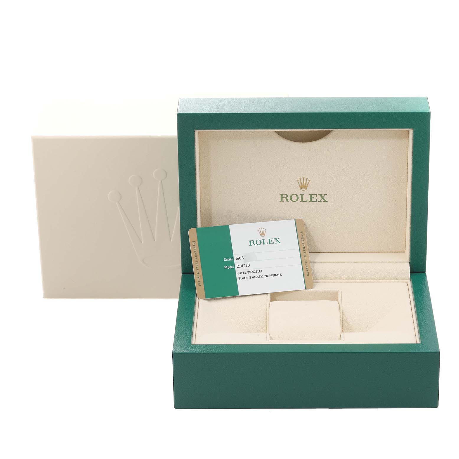 The image shows an open Rolex Explorer 214270 Men
s Stainless Steel Black Dial 214270 Men
s Stainless Steel Black Dial watch box with an Best Quality
ity card placed inside.