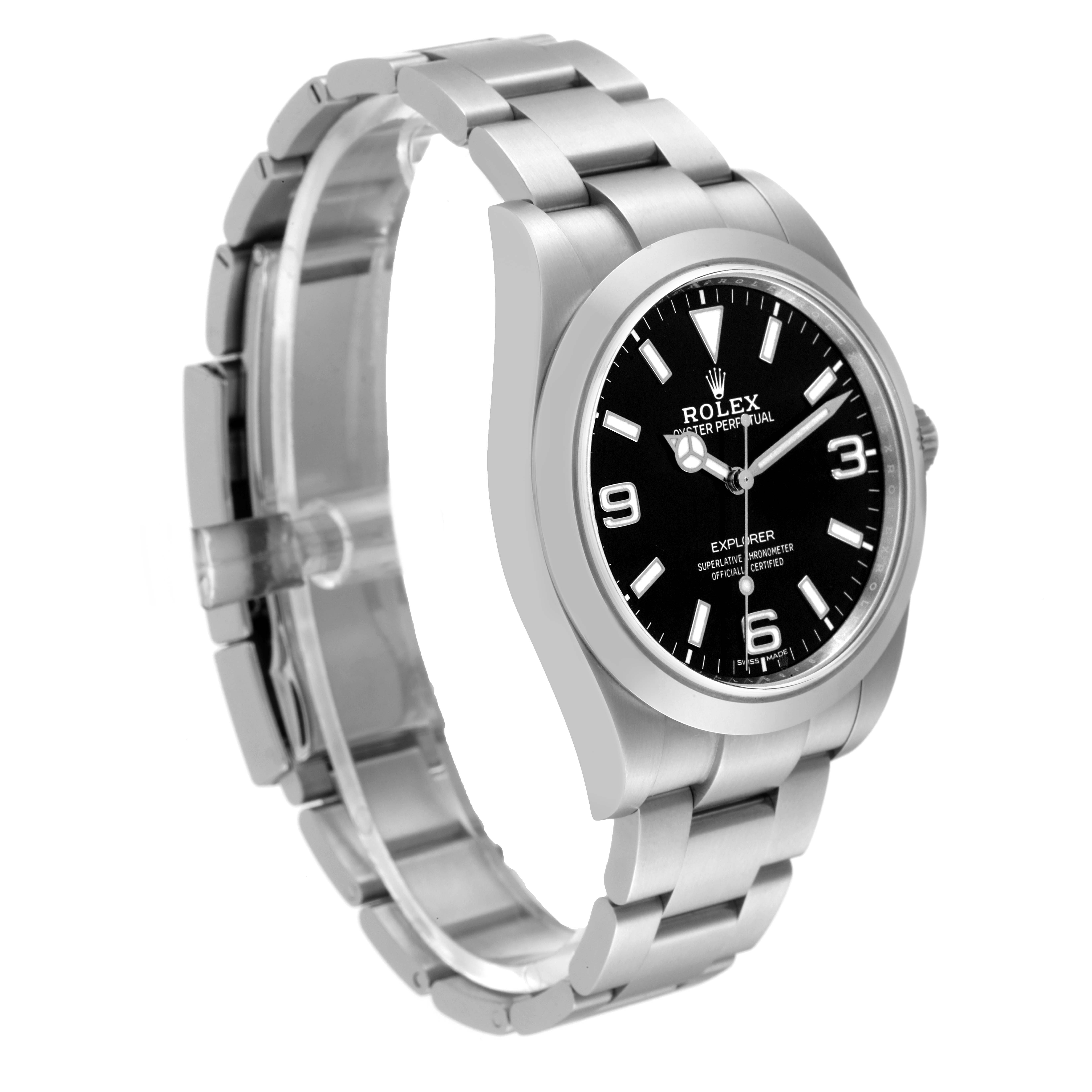 The image shows a left-side angle view of a Rolex Explorer 214270 Men
s Stainless Steel Black Dial 214270 Men
s Stainless Steel Black Dial watch, highlighting the face, bezel, and bracelet.