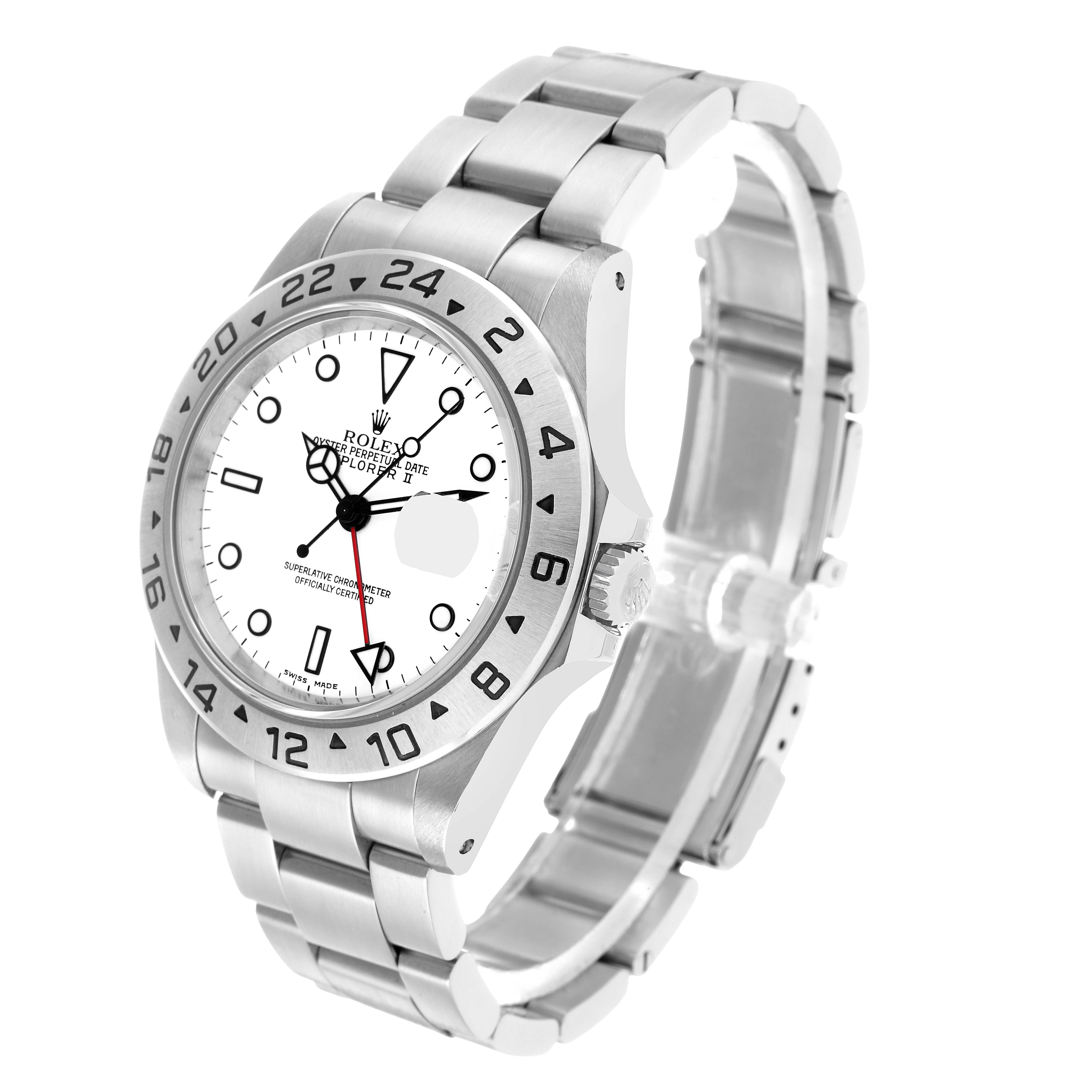 The Rolex Explorer 16570 Men's Stainless Steel White Dial watch is shown at a three-quarter angle, highlighting the bezel, dial, crown, and bracelet.