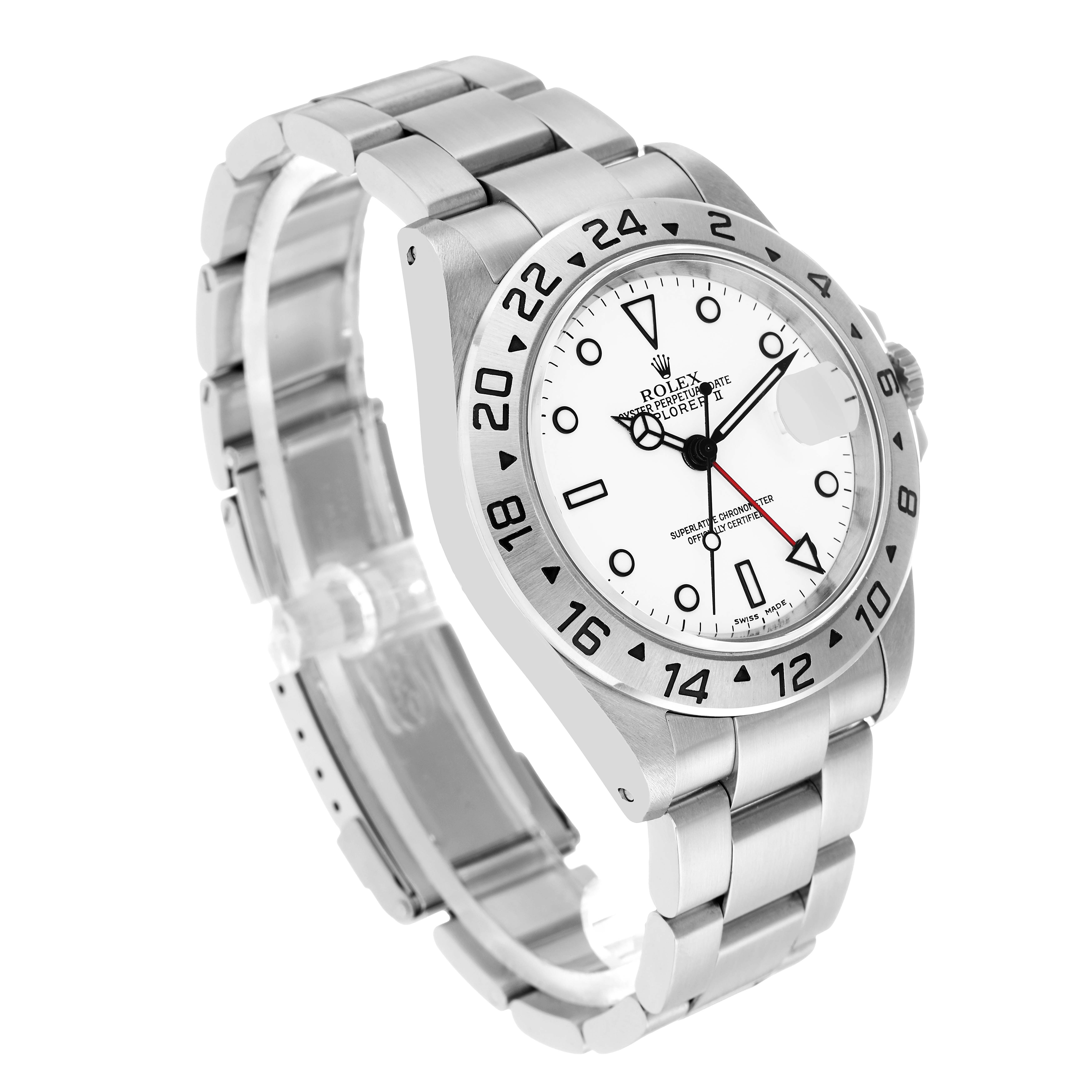 The Rolex Explorer 16570 Men's Stainless Steel White Dial model is shown from a three-quarter angle, displaying the face, bezel, bracelet, and crown.