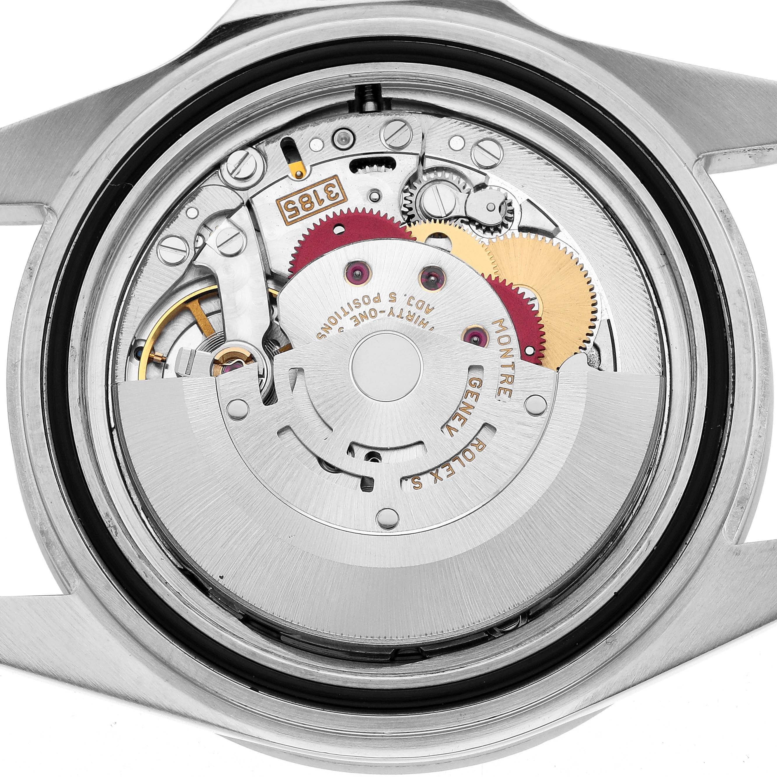 The image shows the movement of a Rolex Explorer 16570 Men's Stainless Steel White Dial watch, viewed from the back without the case back.