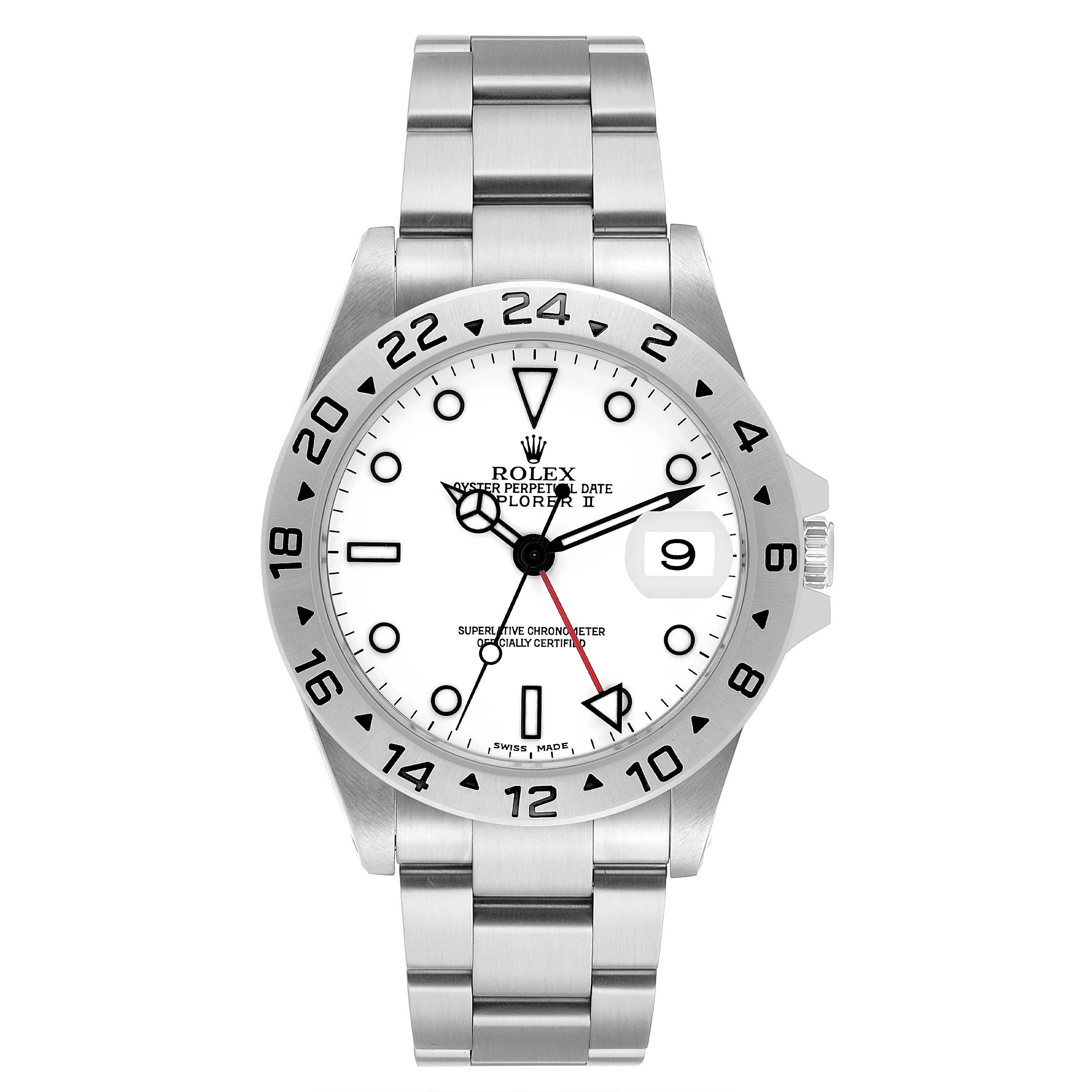 The image shows a frontal view of the Rolex Explorer 16570 Men's Stainless Steel White Dial II watch displaying the dial, bezel, bracelet, and crown.
