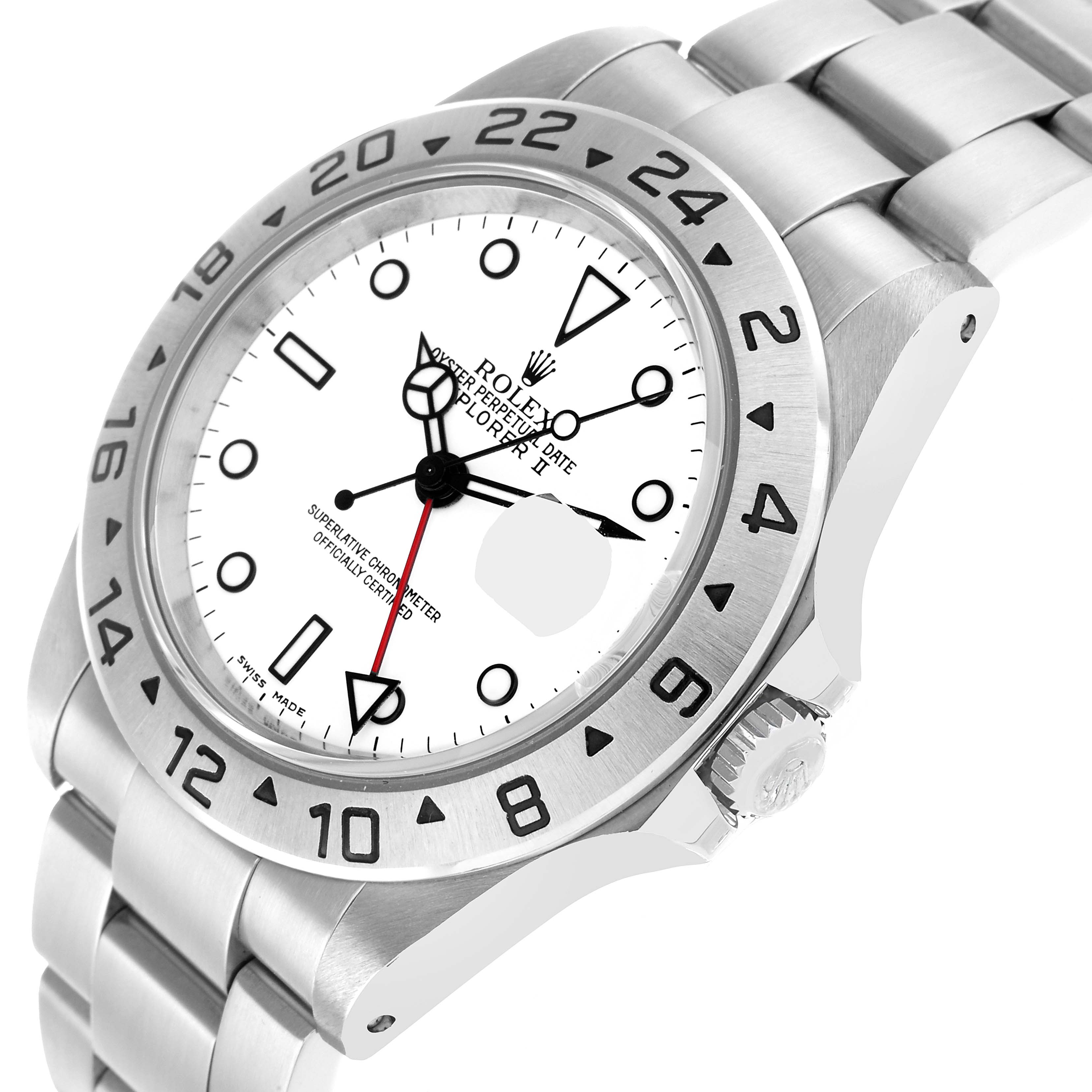 The Rolex Explorer 16570 Men's Stainless Steel White Dial watch is shown at a slight angle, displaying the face, bezel, crown, and strap.
