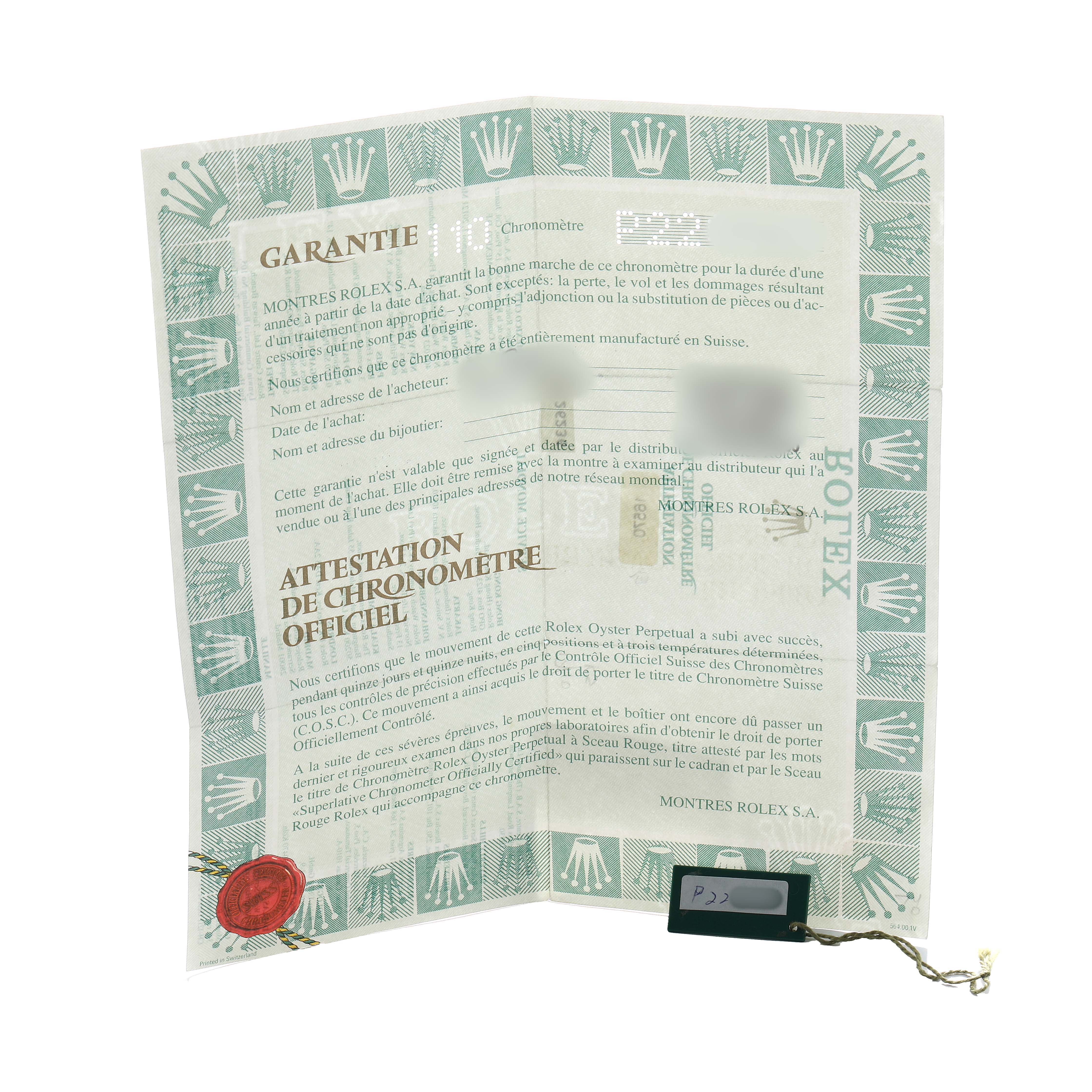 The image shows a Rolex Explorer 16570 Men's Stainless Steel White Dial warranty certificate and tag, not the watch itself.