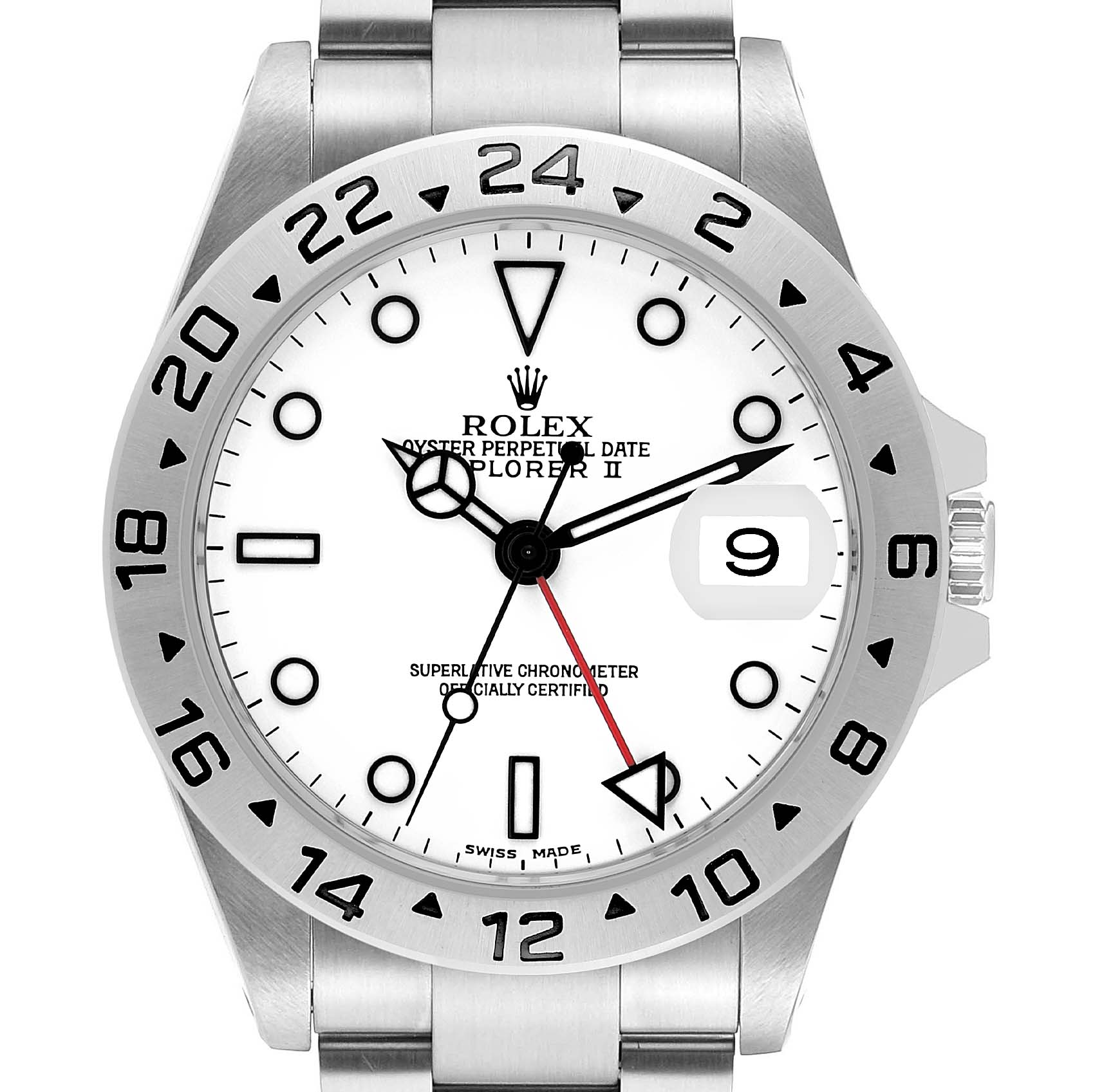 The Rolex Explorer 16570 Men's Stainless Steel White Dial II watch is shown from a front angle, highlighting its bezel, dial, hands, bracelet, and date magnifier.