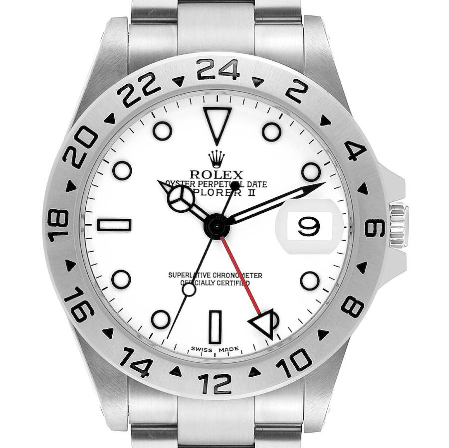 The Rolex Explorer 16570 Men's Stainless Steel White Dial II watch is shown from a front angle, highlighting its bezel, dial, hands, bracelet, and date magnifier.