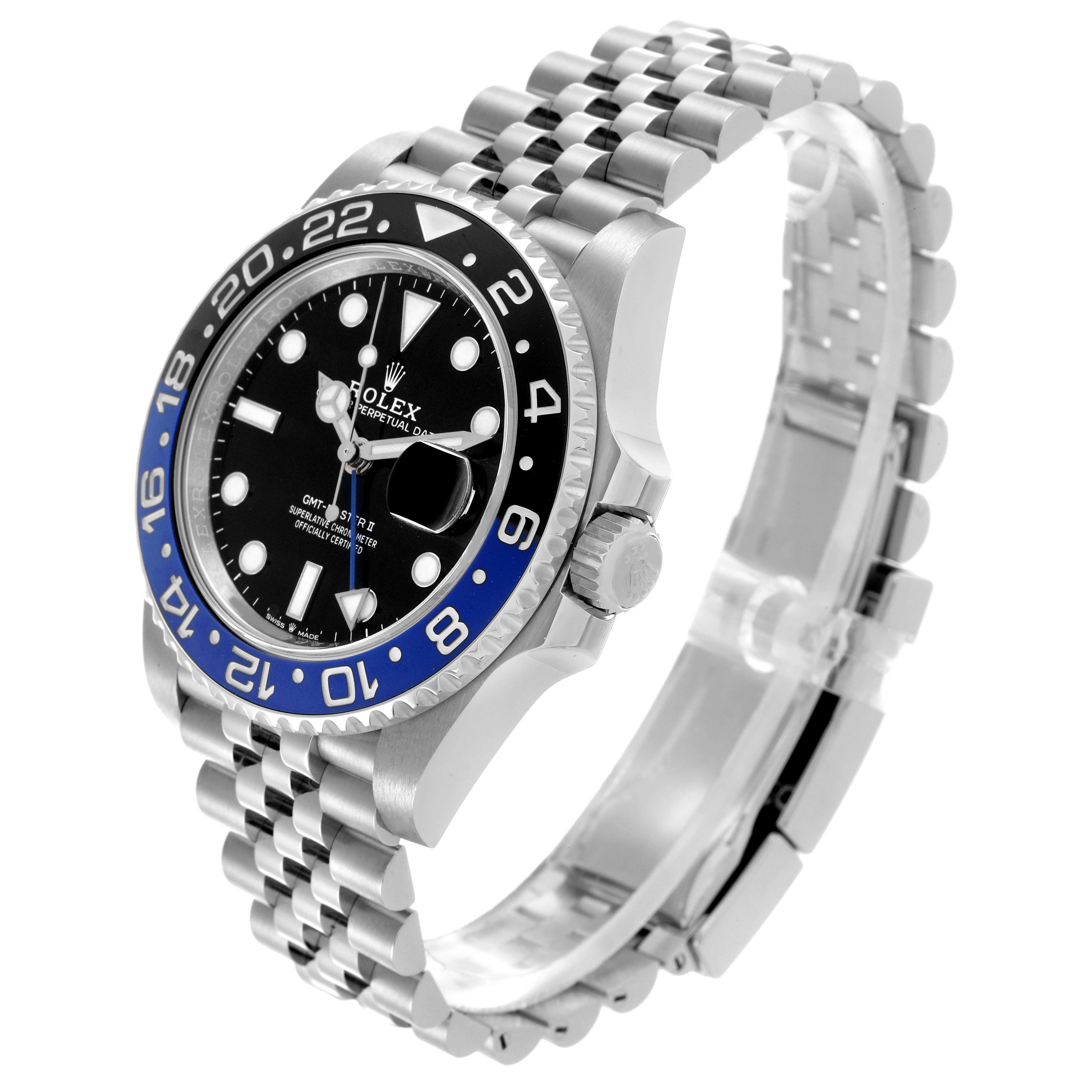 The Rolex GMT-Master 126710BLNR Men's Stainless Steel Black Dial 126710BLNR Men's Stainless Steel Black Dial is shown at a 3/4 angle, highlighting the bezel, dial, and Jubilee bracelet.