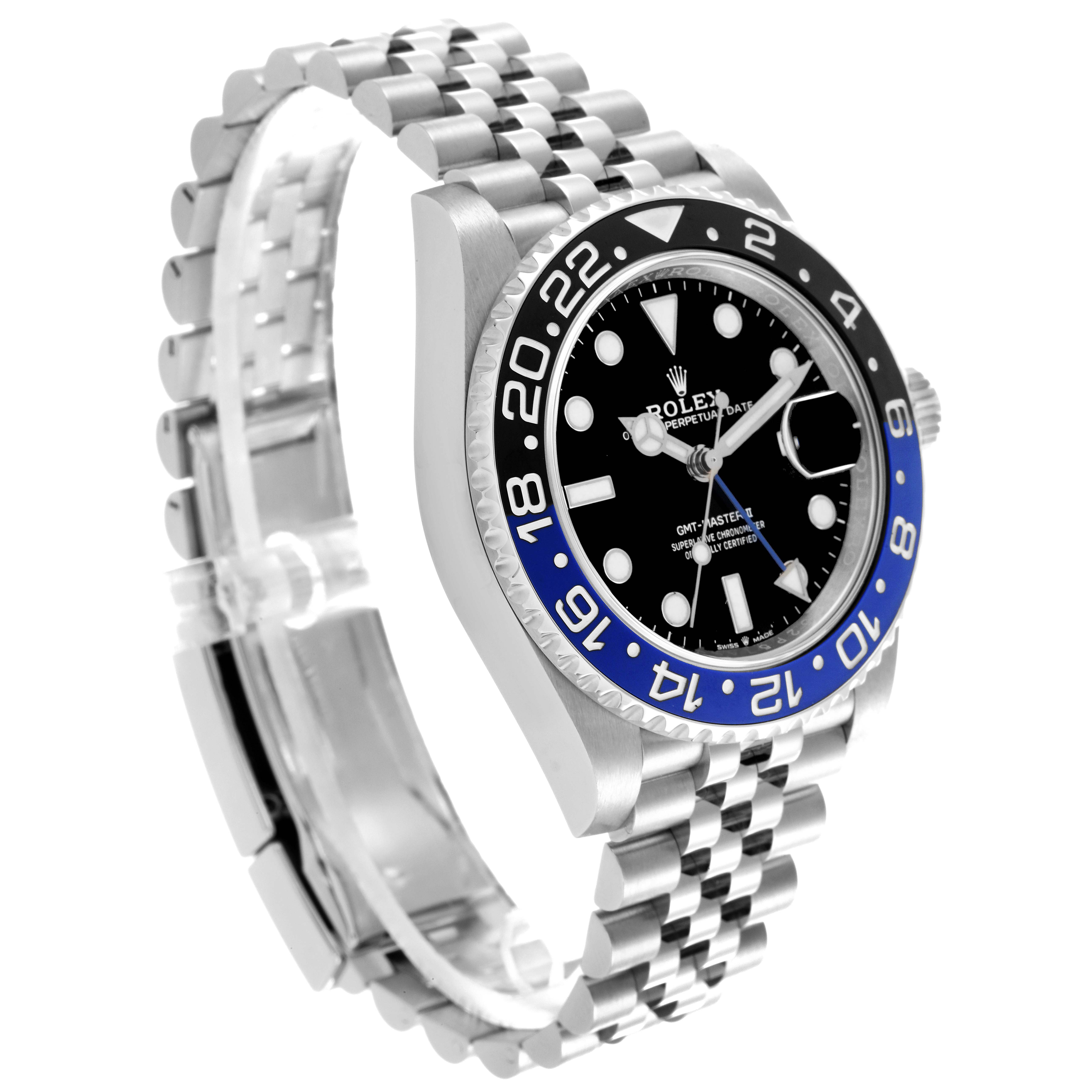 The Rolex GMT-Master 126710BLNR Men's Stainless Steel Black Dial 126710BLNR Men's Stainless Steel Black Dial watch is shown from a three-quarter angle, highlighting the face, bezel, and bracelet.