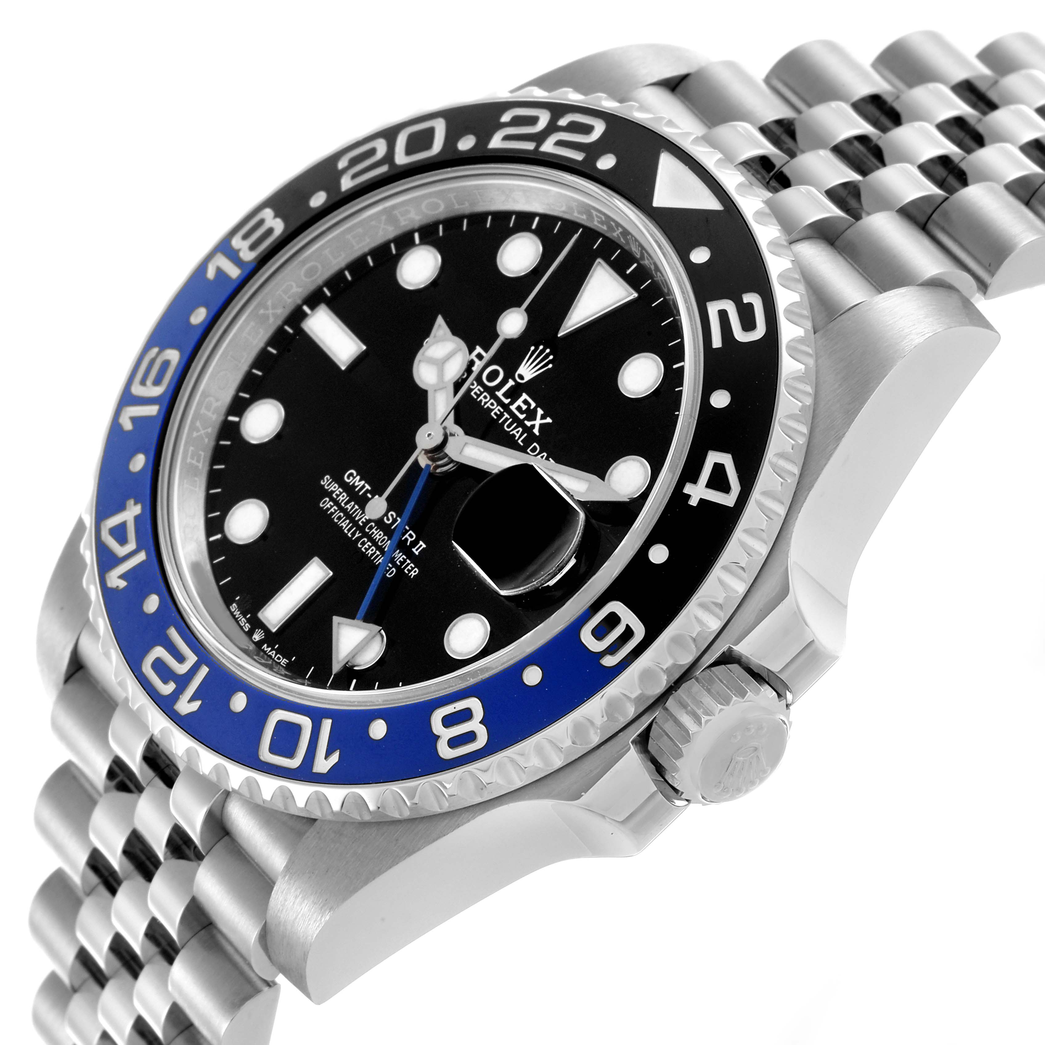 The Rolex GMT-Master 126710BLNR Men's Stainless Steel Black Dial 126710BLNR Men's Stainless Steel Black Dial watch is shown at a slight side angle, highlighting the bezel, dial, crown, and part of the bracelet.
