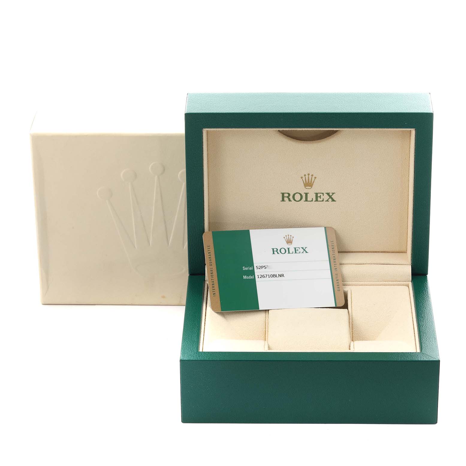 The image shows a Rolex GMT-Master 126710BLNR Men's Stainless Steel Black Dial 126710BLNR Men's Stainless Steel Black Dial watch box, open with a warranty card, viewed from the front.