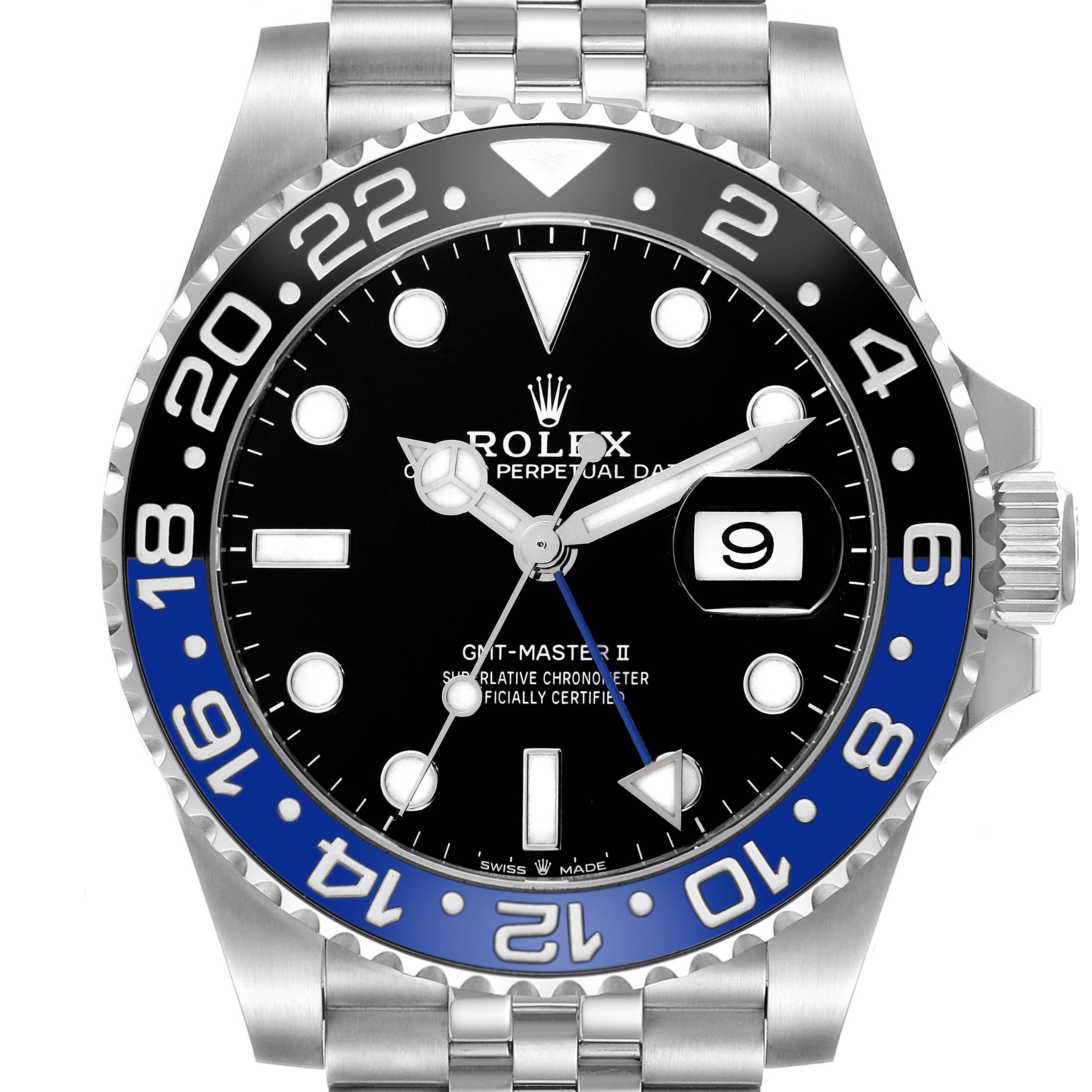 The Rolex GMT-Master 126710BLNR Men's Stainless Steel Black Dial 126710BLNR Men's Stainless Steel Black Dial watch is shown from a front angle, highlighting the bezel, dial, and part of the bracelet.