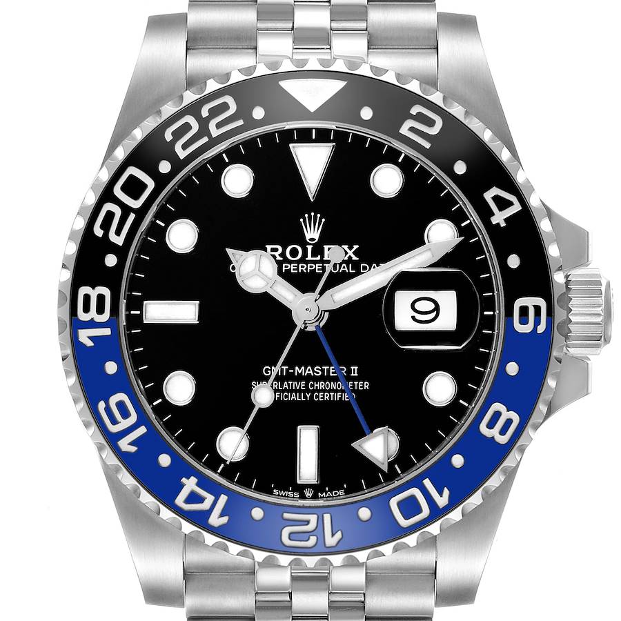 The Rolex GMT-Master watch is shown from a front angle, highlighting the bezel, dial, and part of the bracelet.